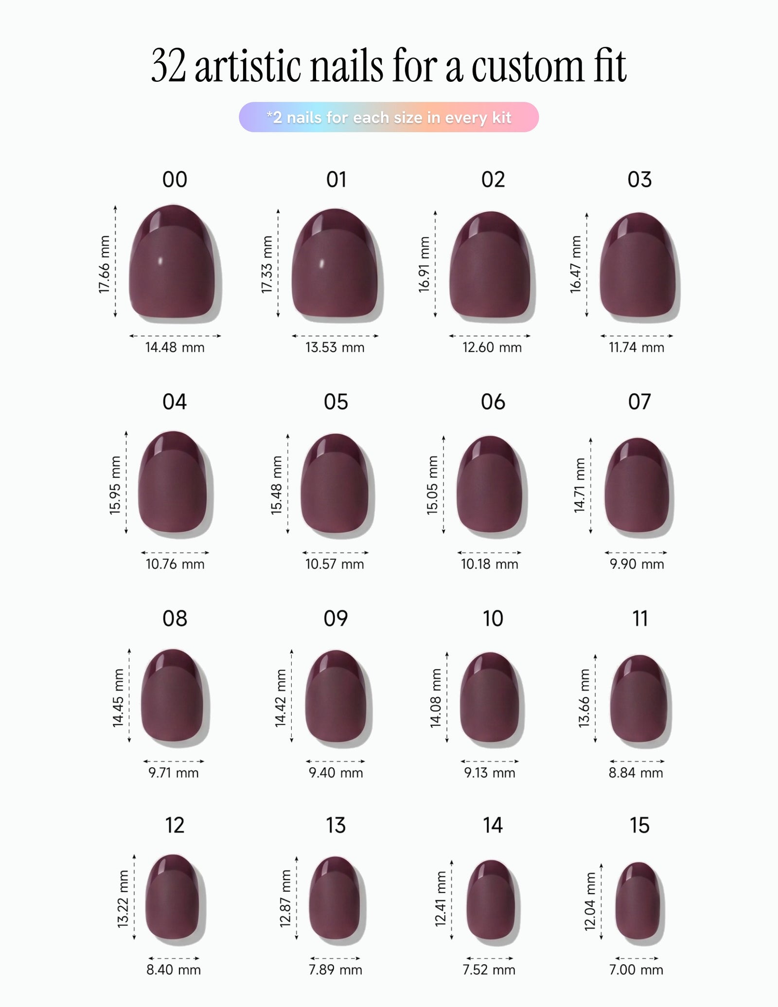 Aubergine — Oval size chart, 16 sizes with millimetre measurements