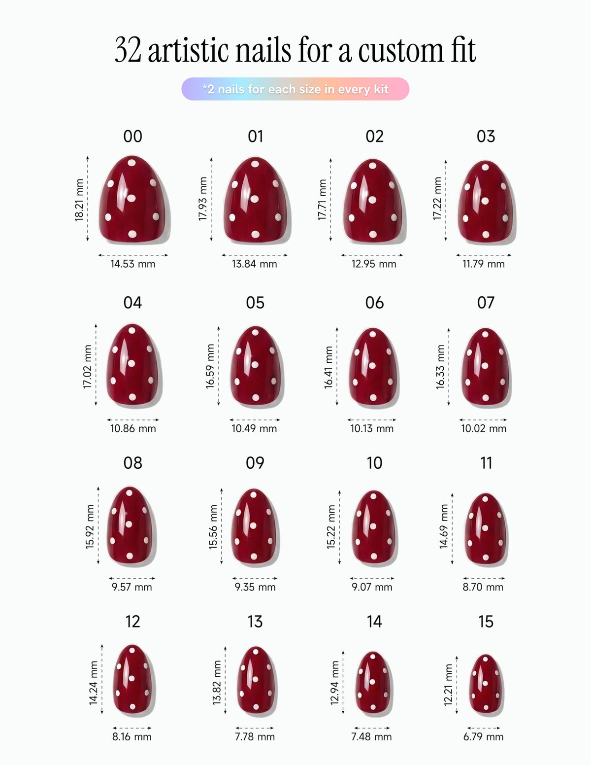 Strawberry — Almond size chart, 16 sizes with millimetre measurements