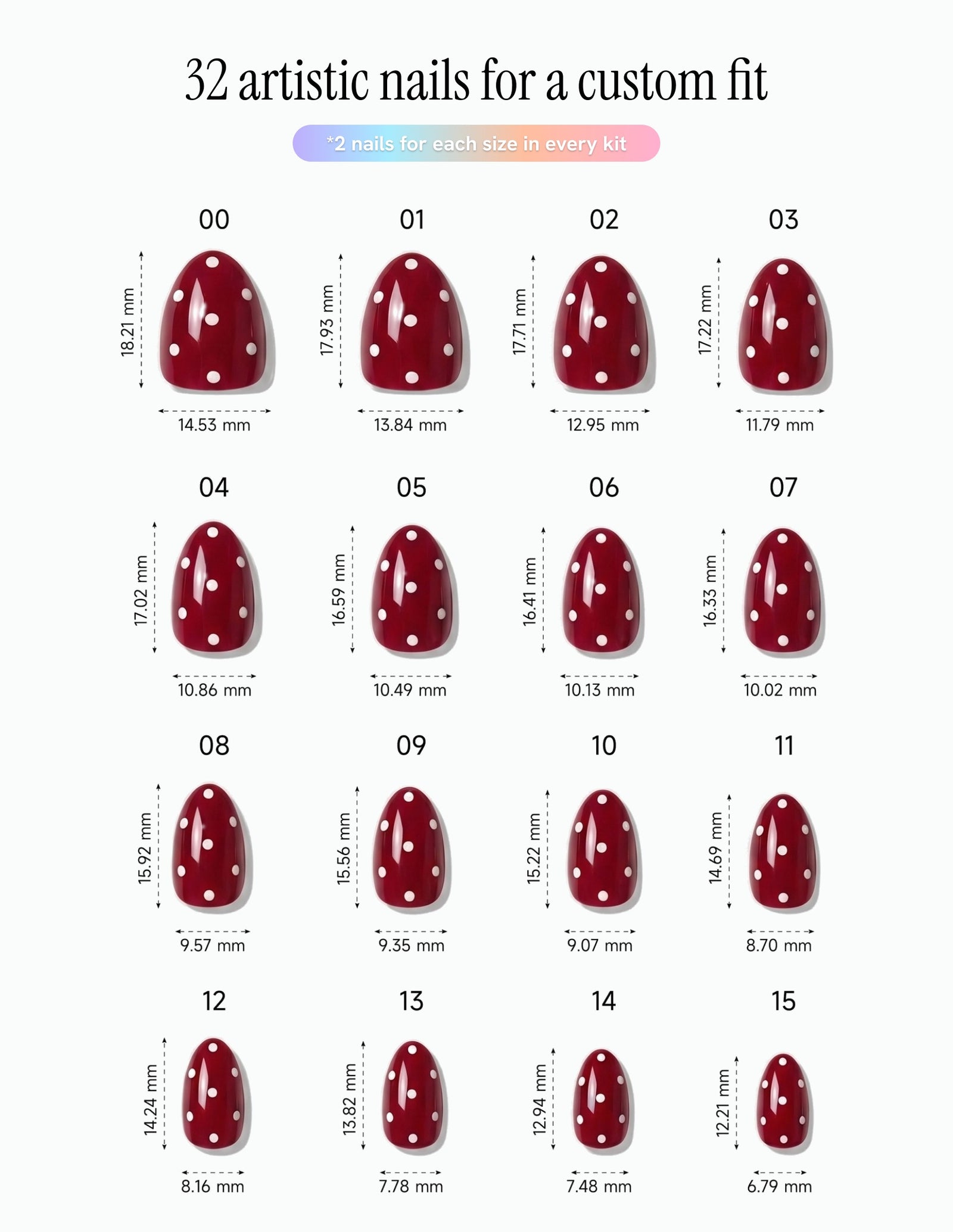 Strawberry — Almond size chart, 16 sizes with millimetre measurements