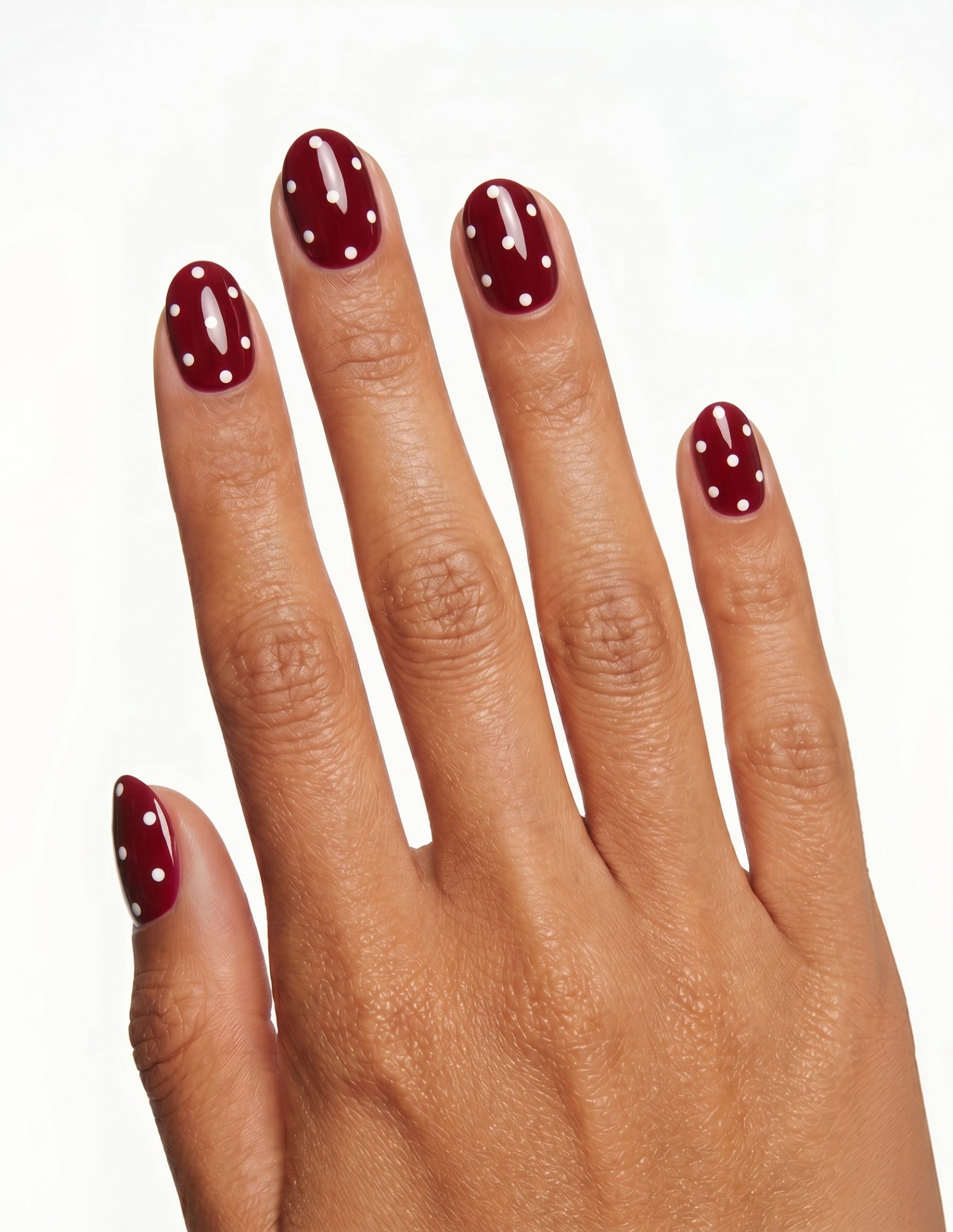 Strawberry press-on nails — Oval (extra-short), light-skin hand, back of hand