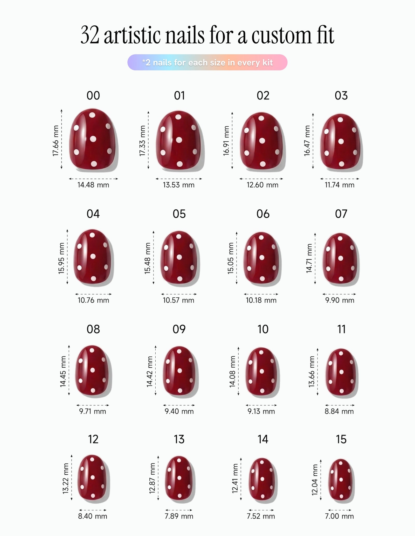 Strawberry — Oval size chart, 16 sizes with millimetre measurements