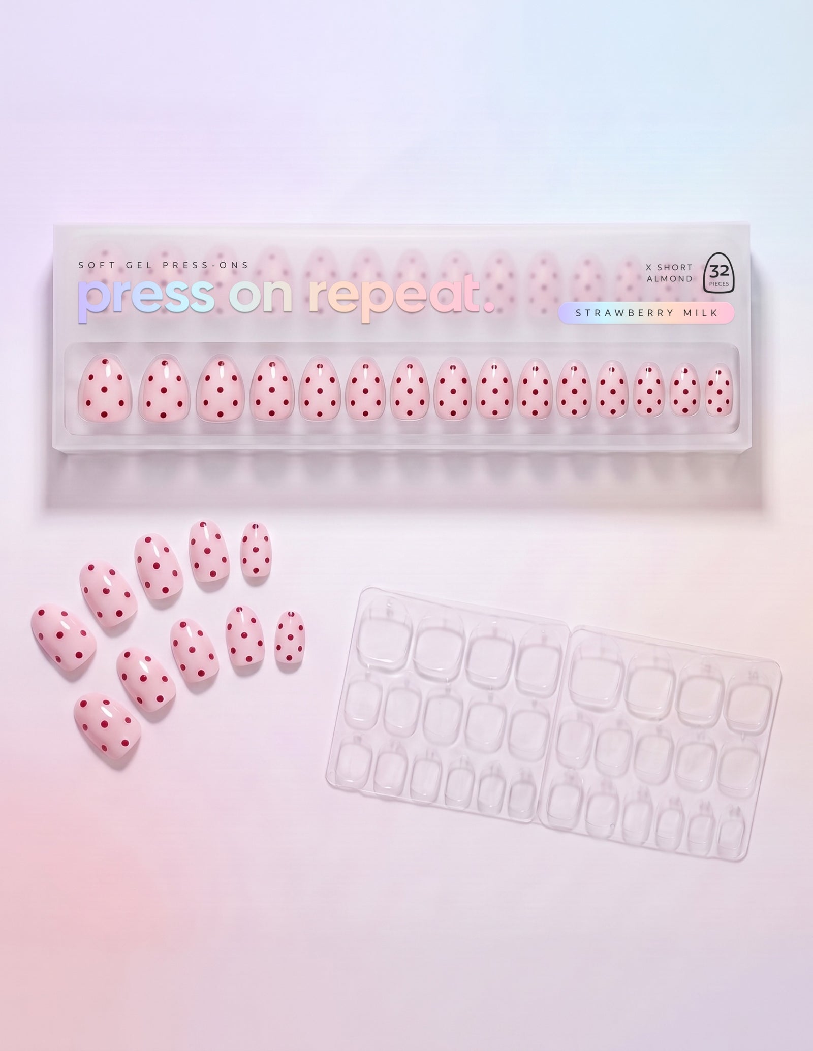 Strawberry Milk press-on nails — Almond (extra-short) retail box with loose nails and adhesive tabs