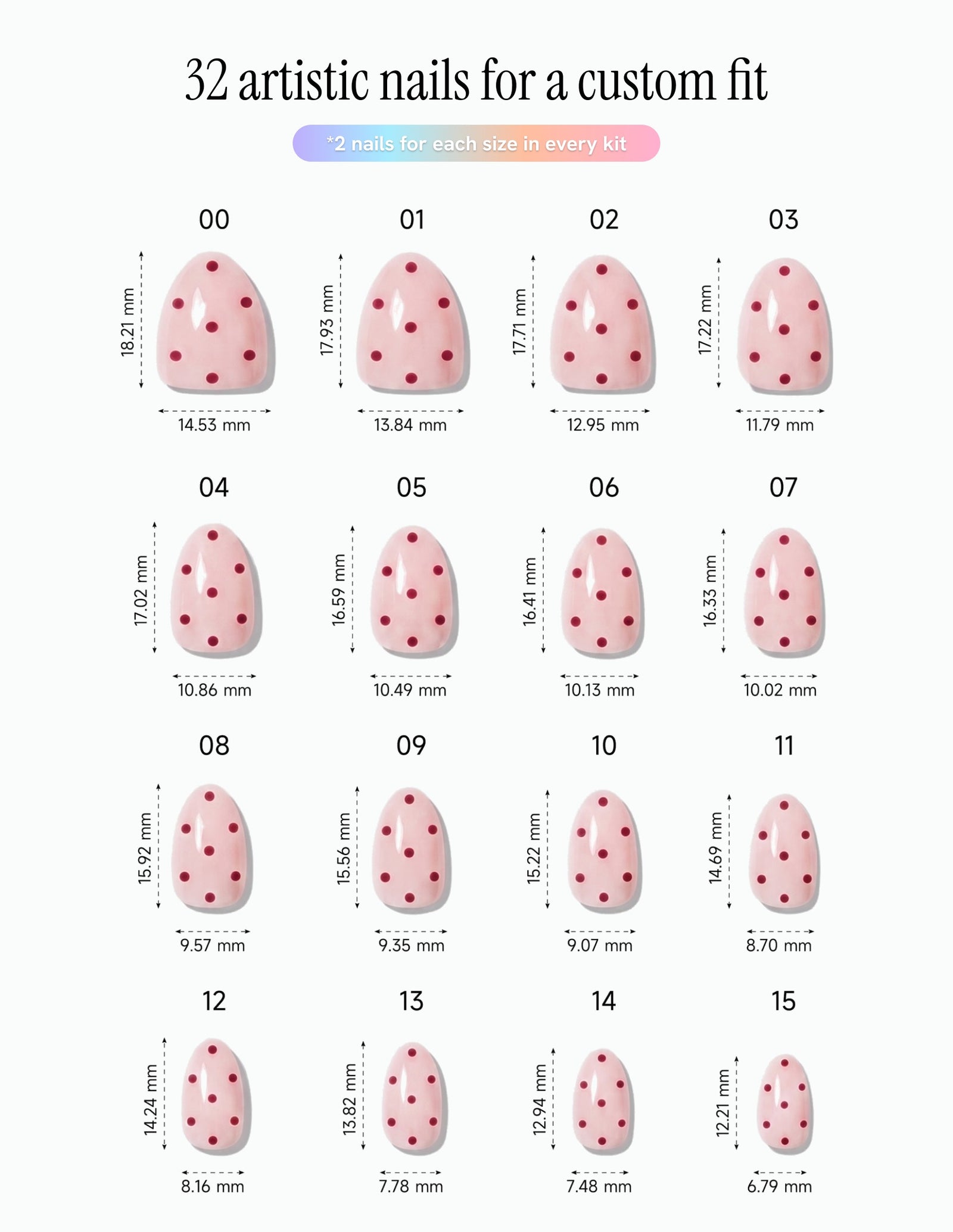 Strawberry Milk — Almond size chart, 16 sizes with millimetre measurements