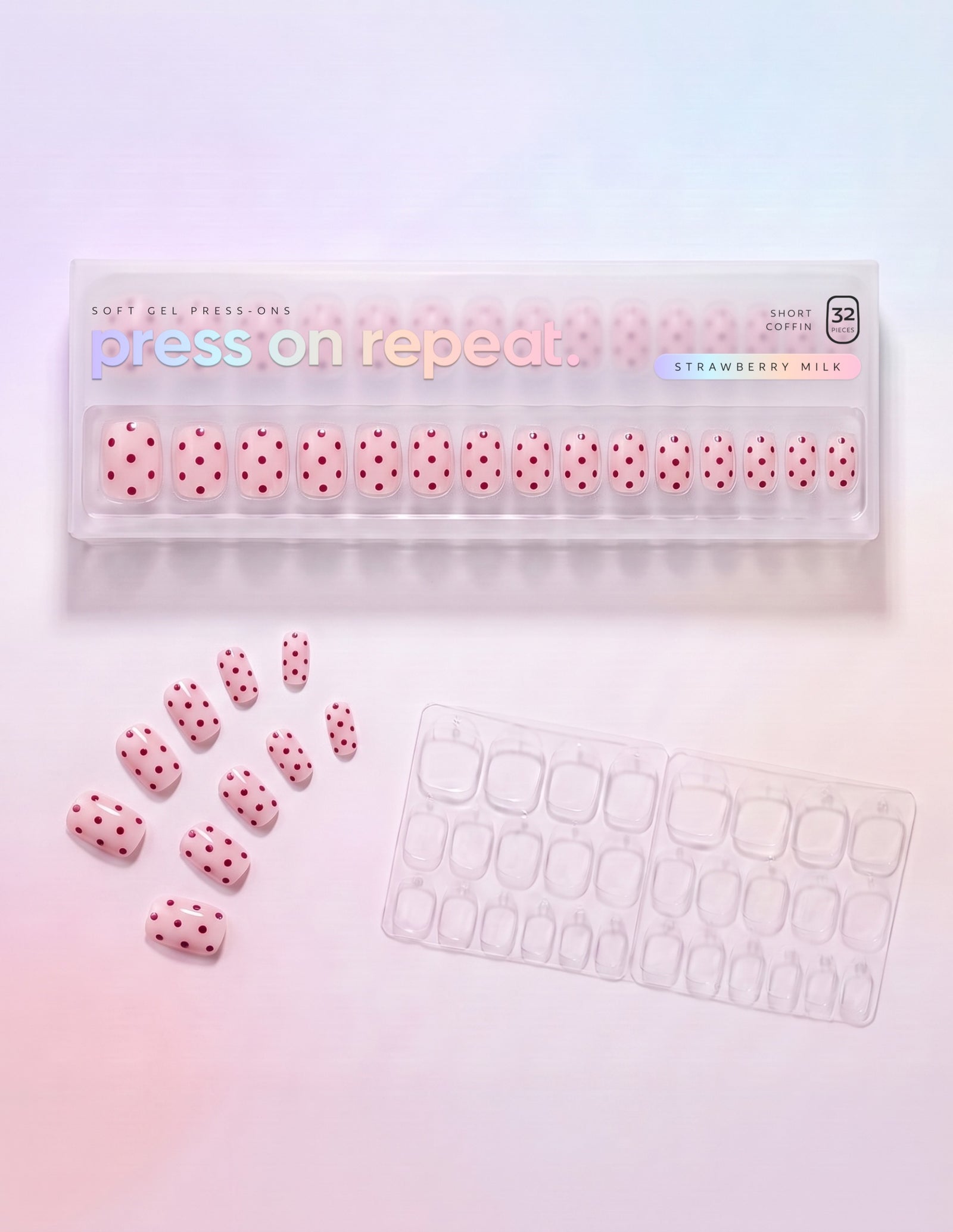 Strawberry Milk press-on nails — Coffin (short) retail box with loose nails and adhesive tabs