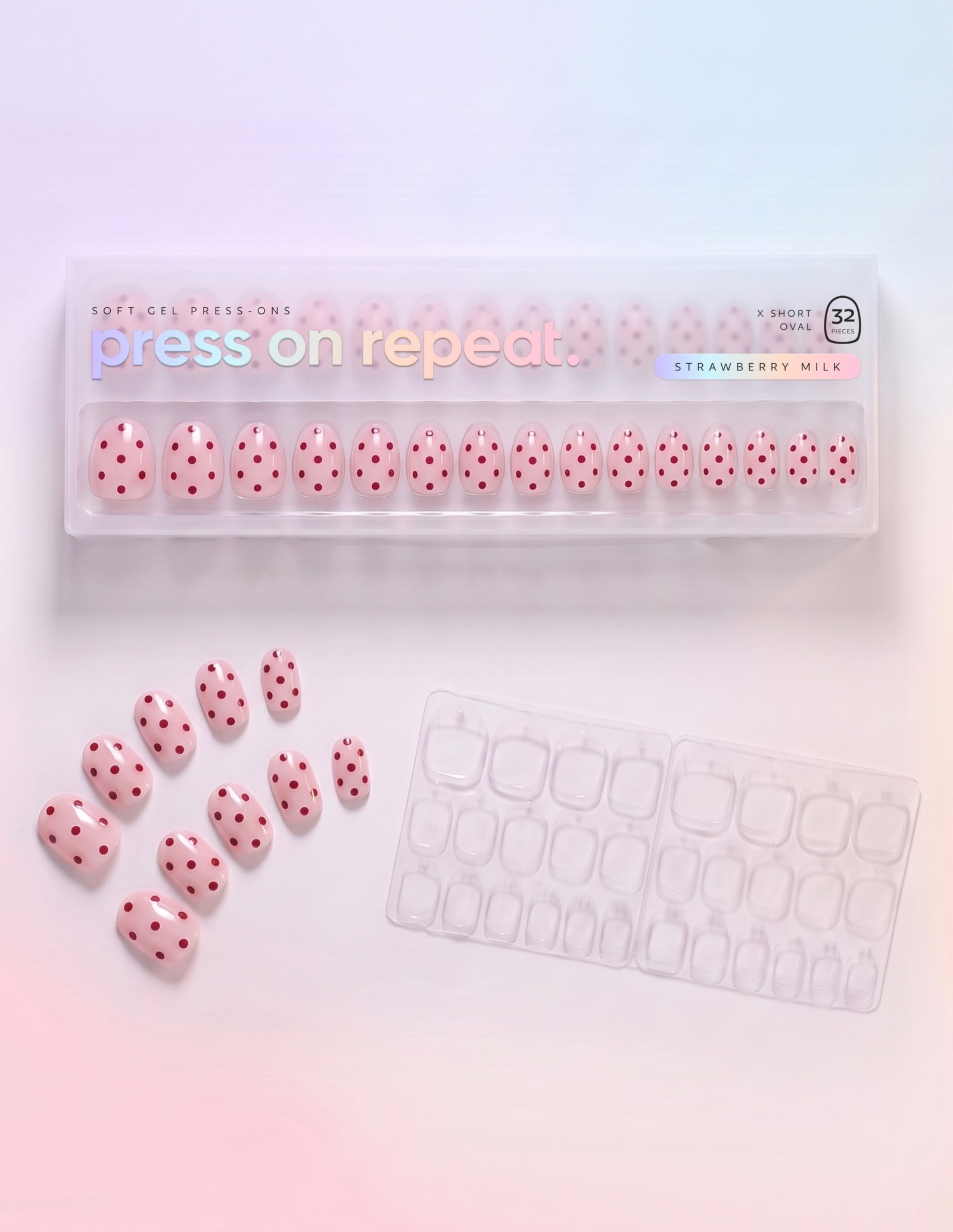 Strawberry Milk press-on nails — Oval (extra-short) retail box with loose nails and adhesive tabs
