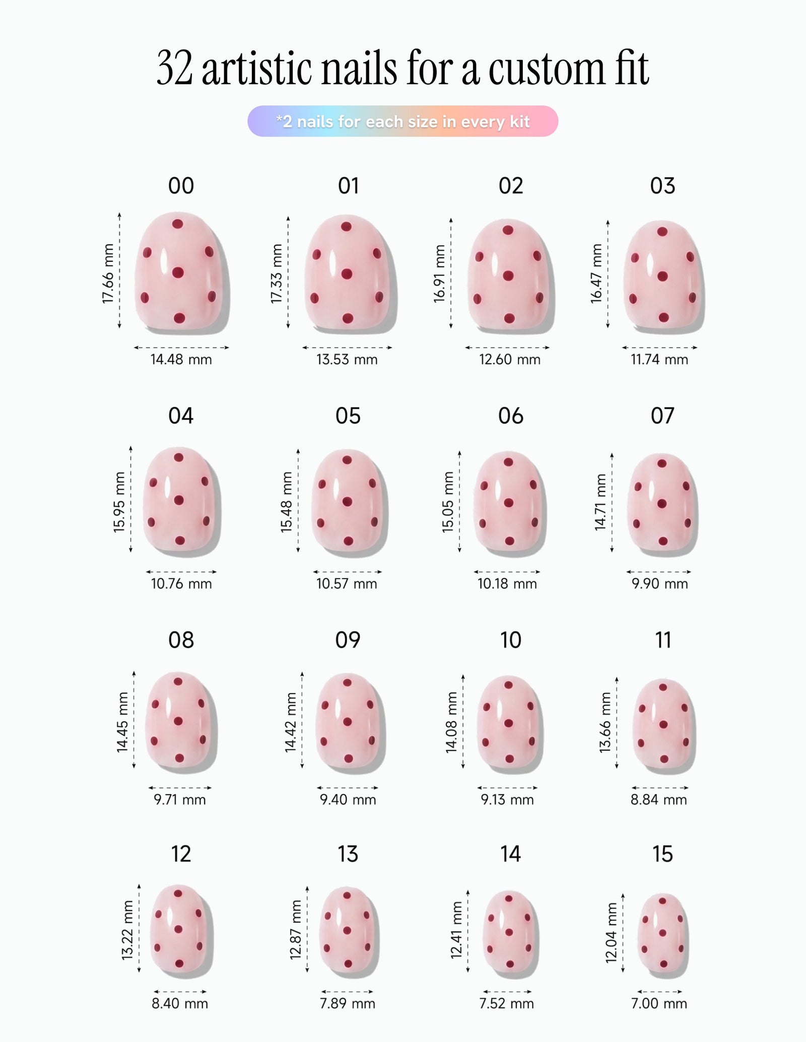 Strawberry Milk — Oval size chart, 16 sizes with millimetre measurements