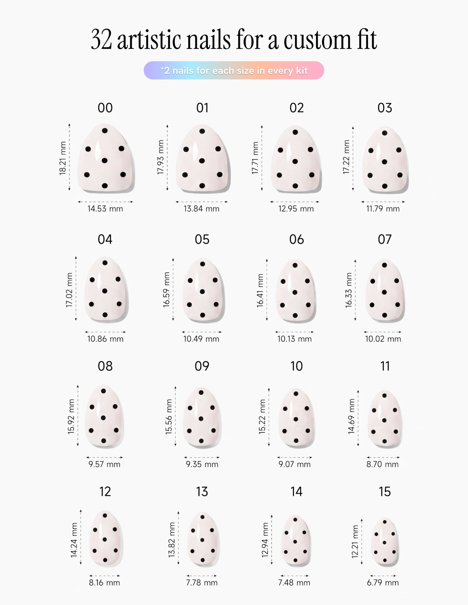 Domino — Almond size chart, 16 sizes with millimetre measurements