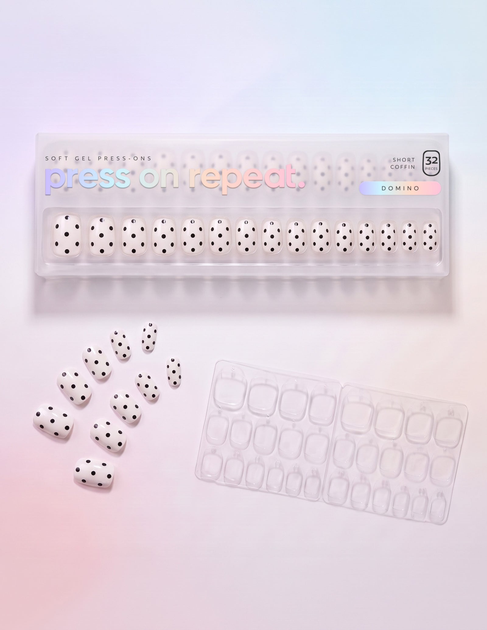 Domino press-on nails — Coffin (short) retail box with loose nails and adhesive tabs