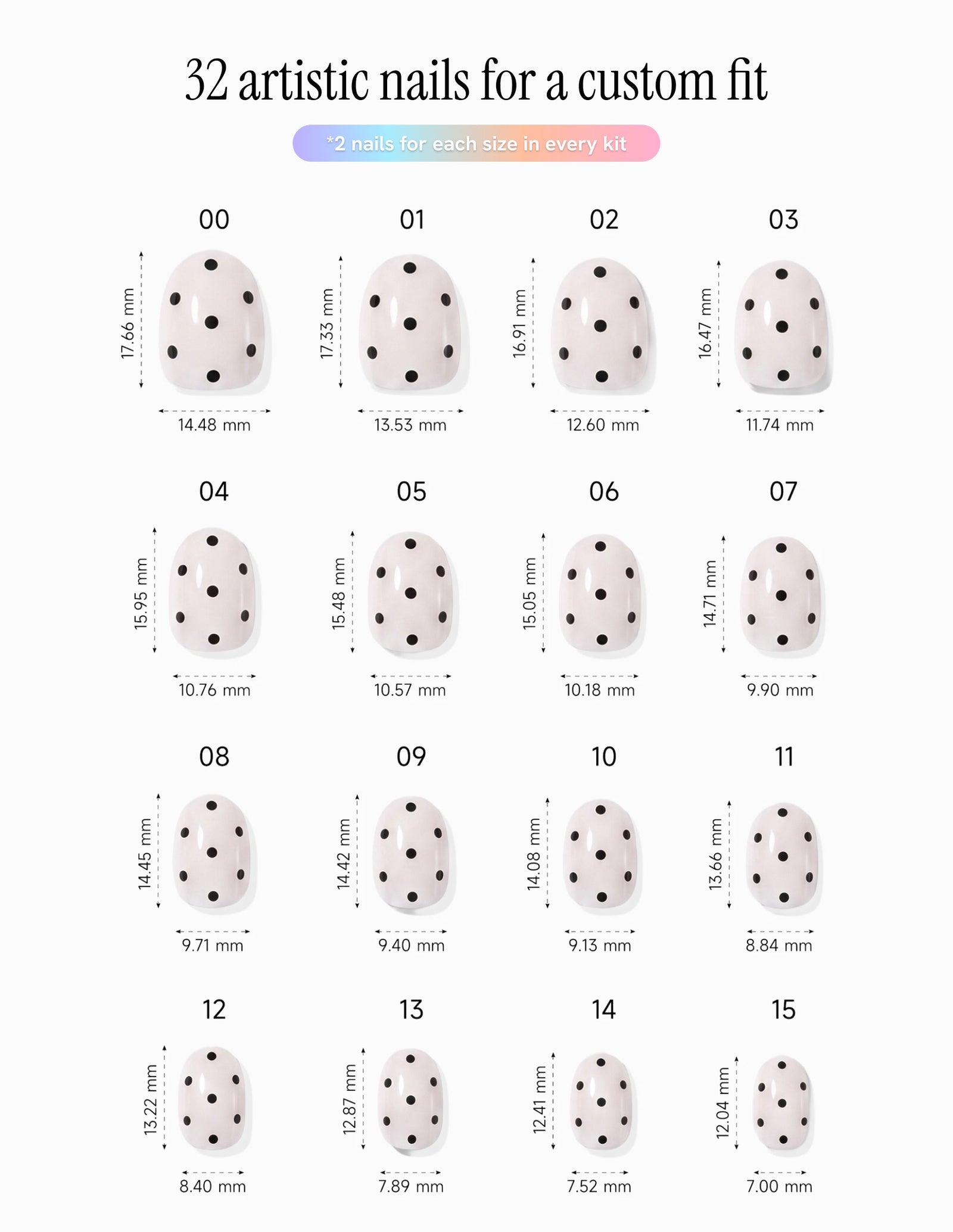 Domino — Oval size chart, 16 sizes with millimetre measurements