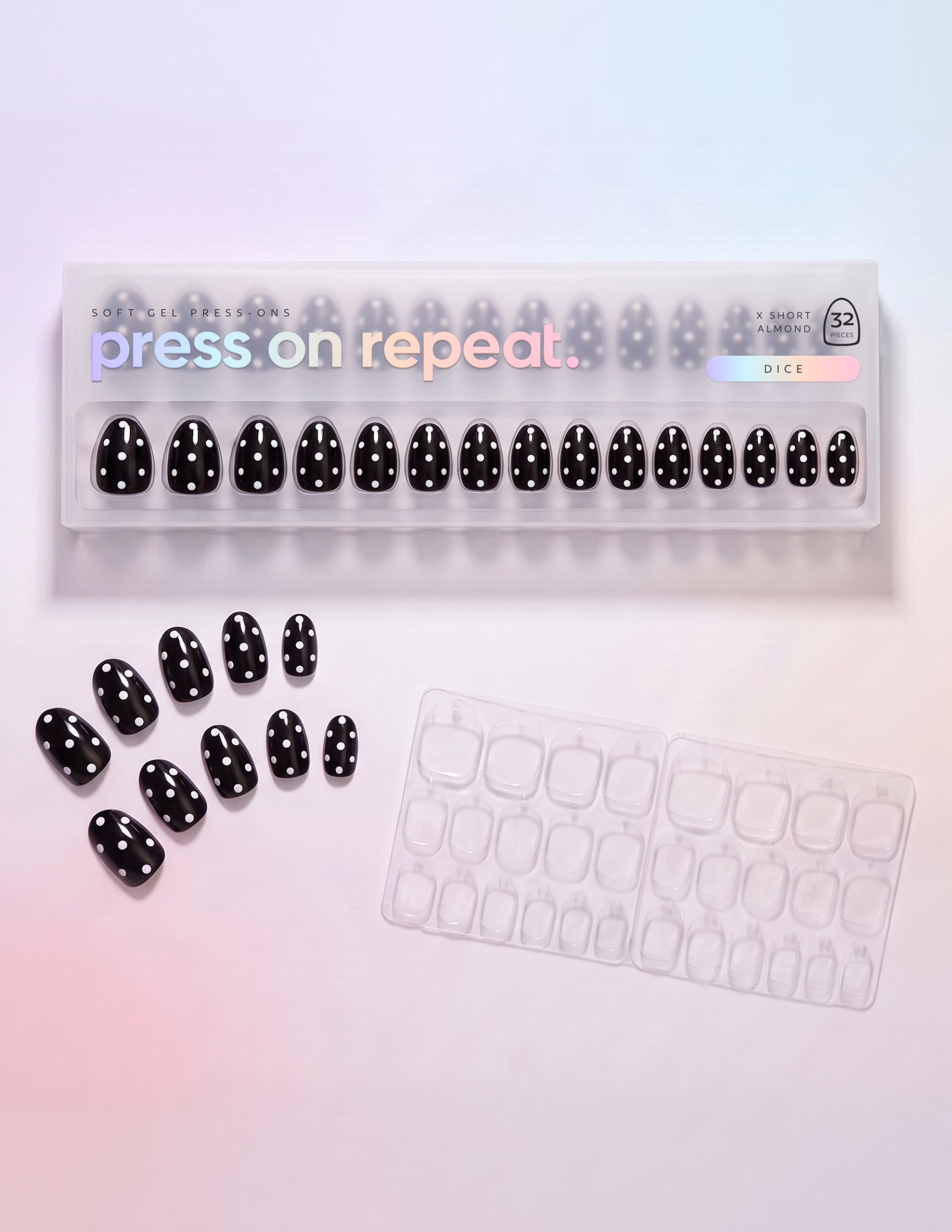 Dice press-on nails — Almond (extra-short) retail box with loose nails and adhesive tabs