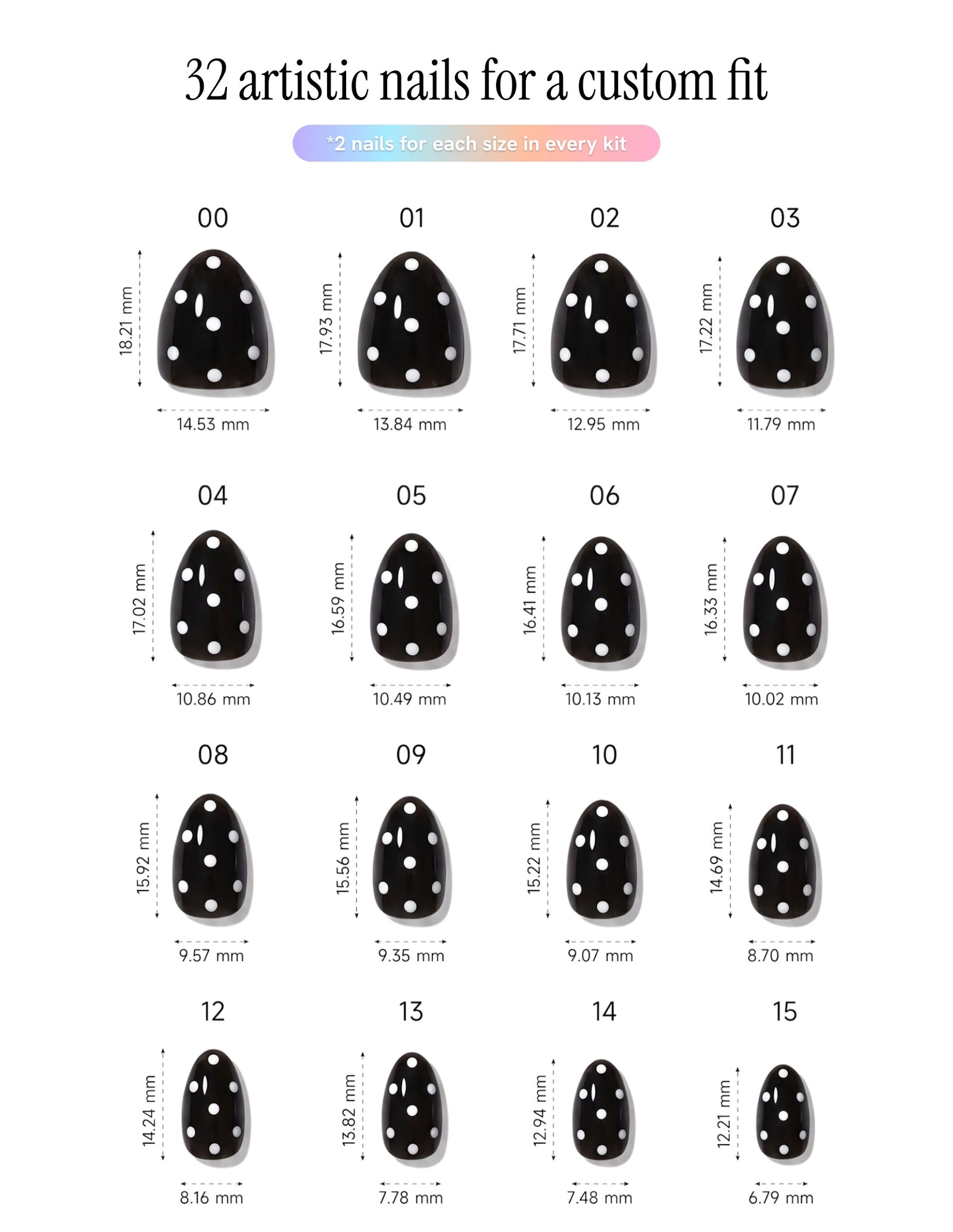 Dice — Almond size chart, 16 sizes with millimetre measurements