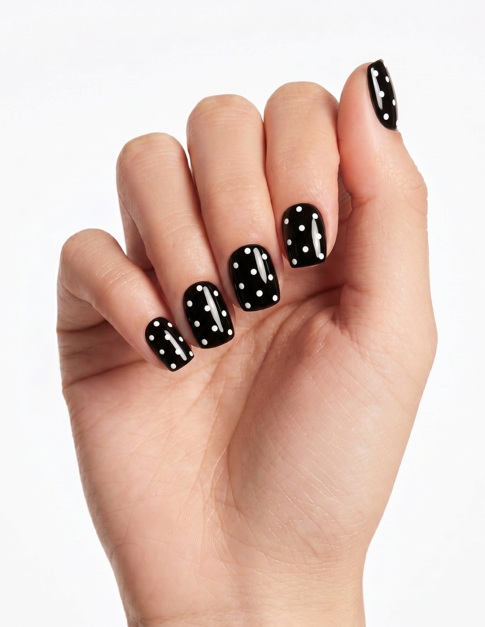 Dice press-on nails — Coffin (short), light-skin hand, fingers curled