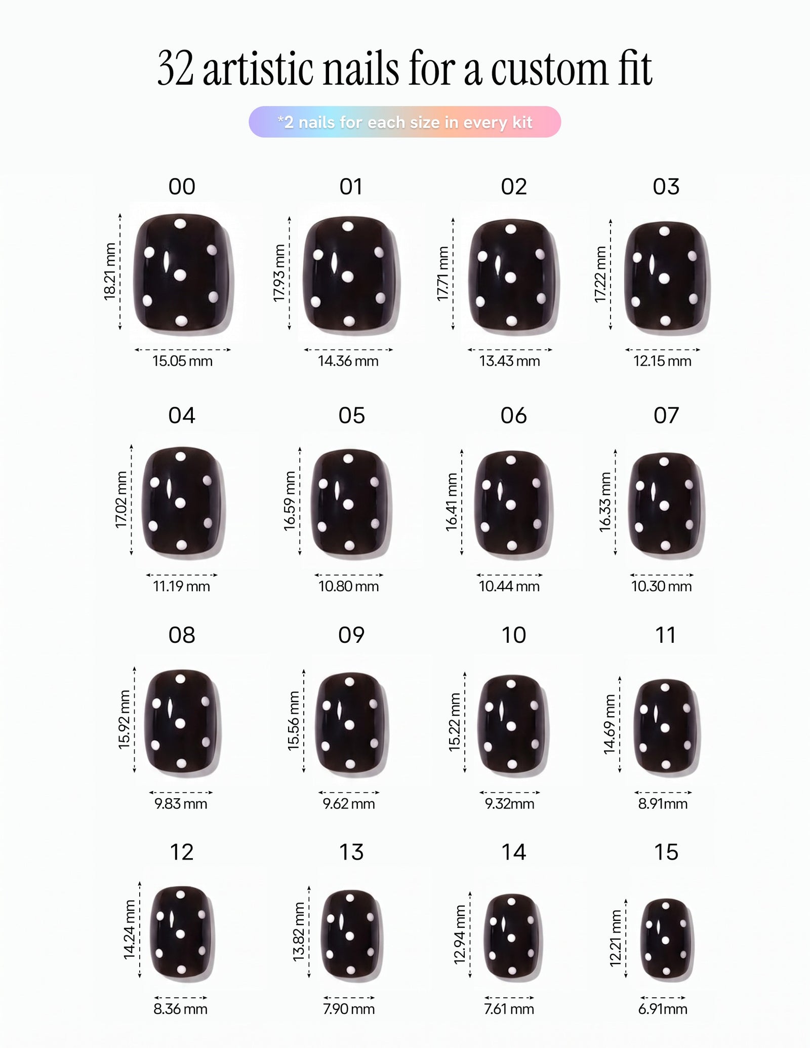 Dice — Coffin size chart, 16 sizes with millimetre measurements