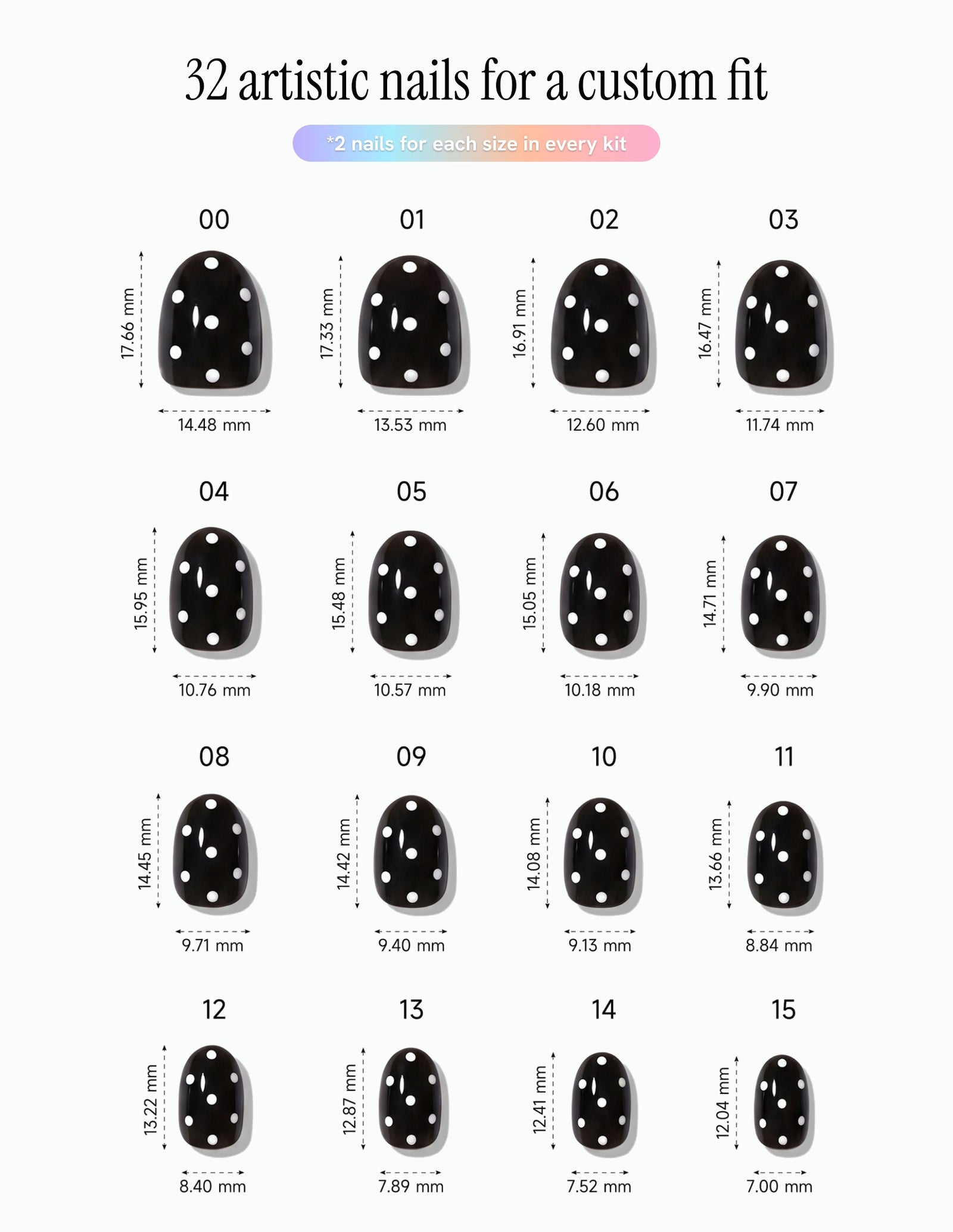 Dice — Oval size chart, 16 sizes with millimetre measurements