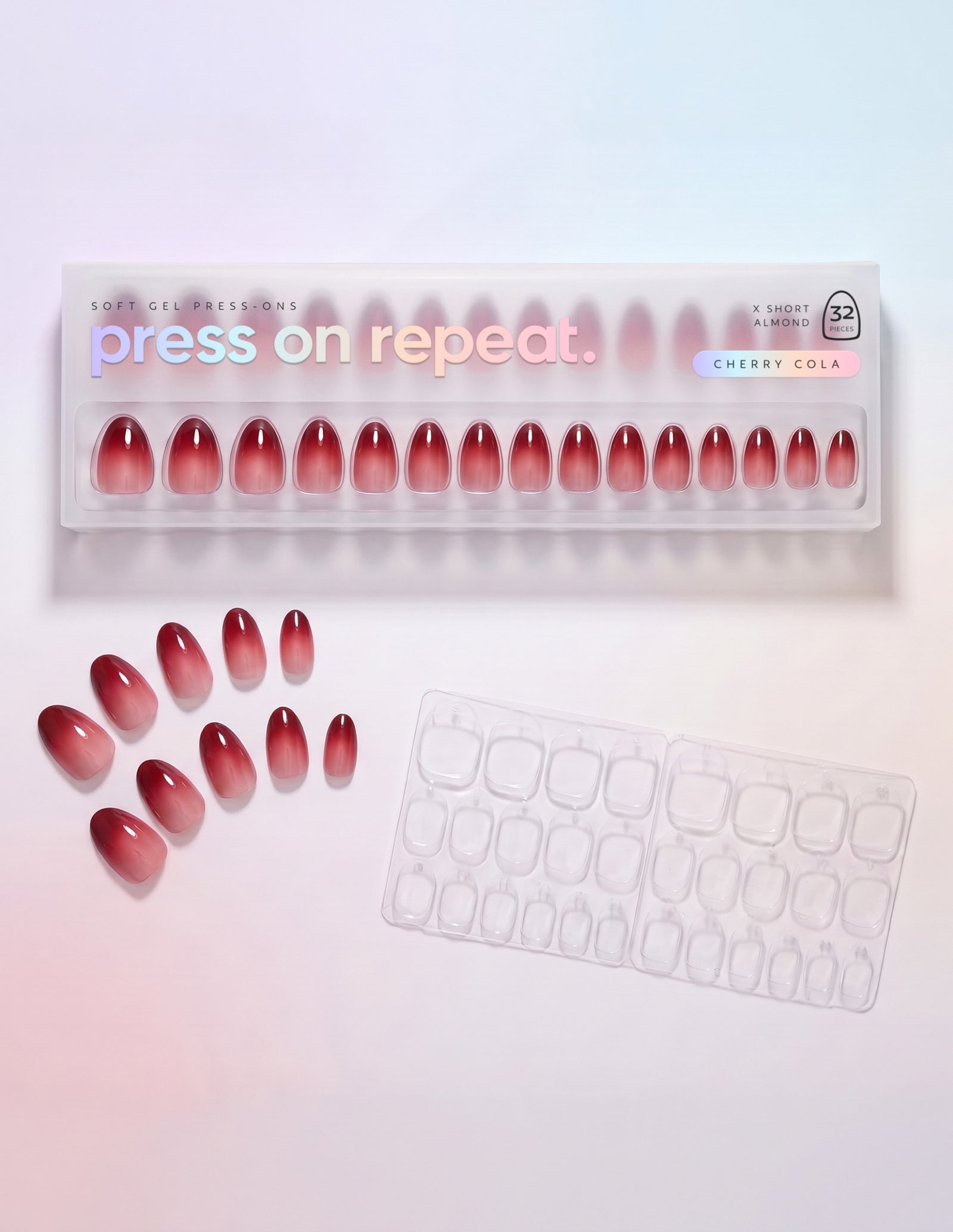 Cherry Cola press-on nails — Almond (extra-short) retail box with loose nails and adhesive tabs