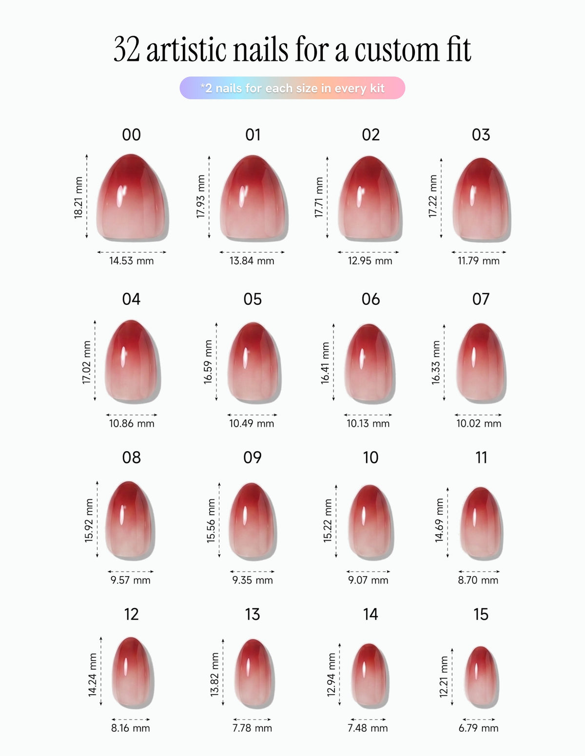 Cherry Cola — Almond size chart, 16 sizes with millimetre measurements