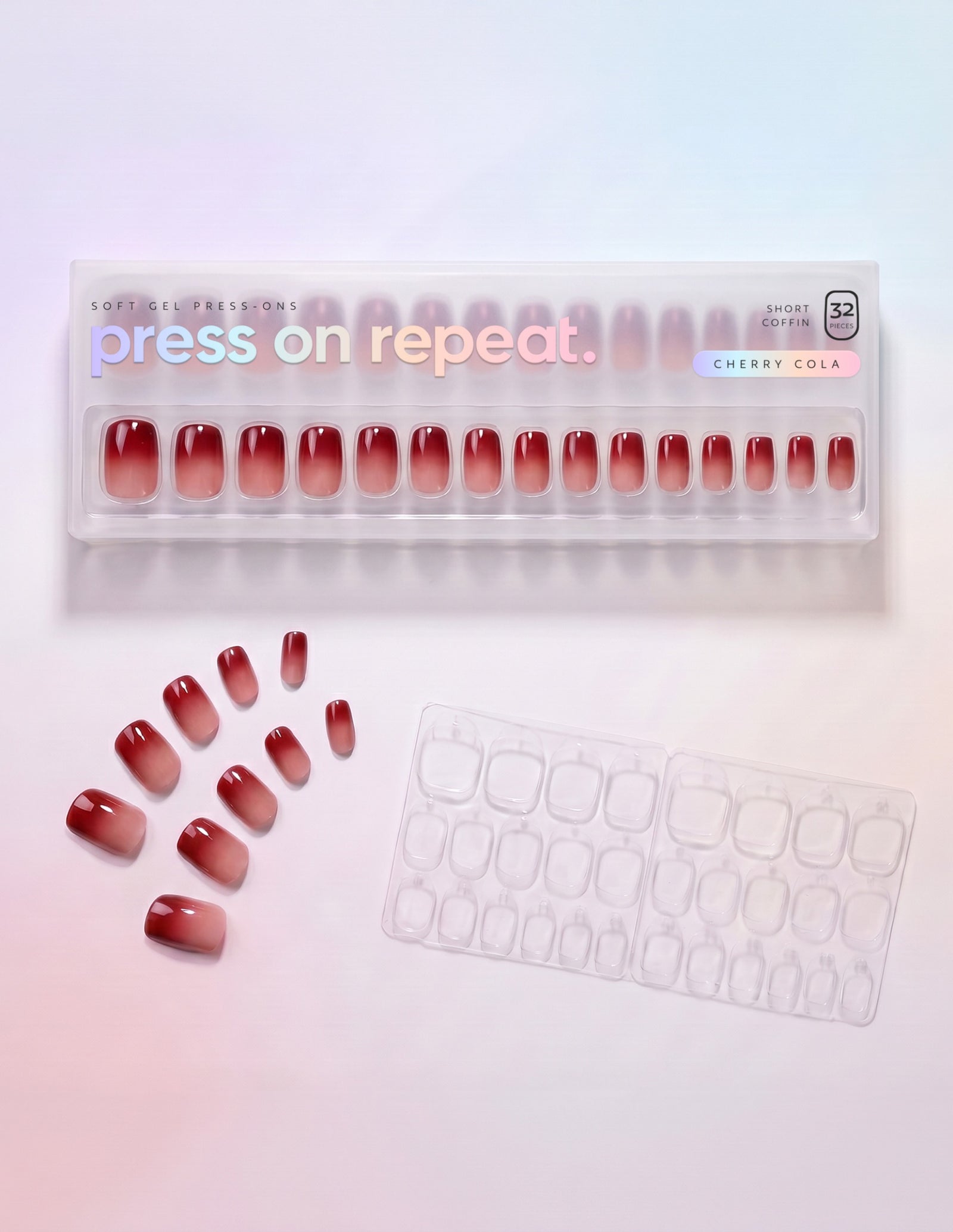Cherry Cola press-on nails — Coffin (short) retail box with loose nails and adhesive tabs