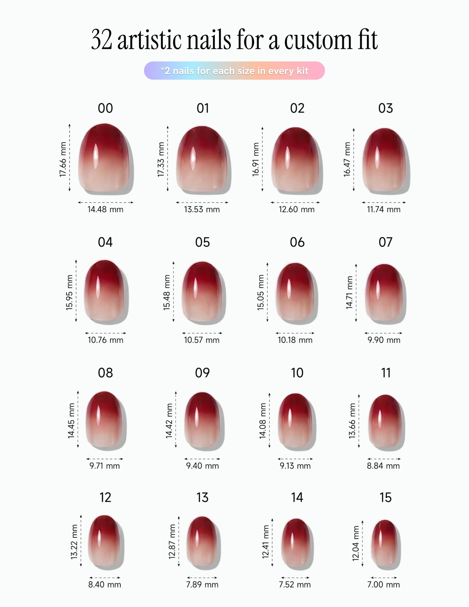 Cherry Cola — Oval size chart, 16 sizes with millimetre measurements