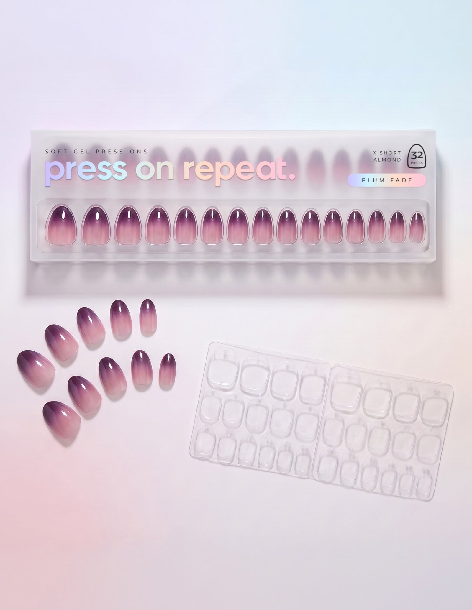 Plum Fade press-on nails — Almond (extra-short) retail box with loose nails and adhesive tabs