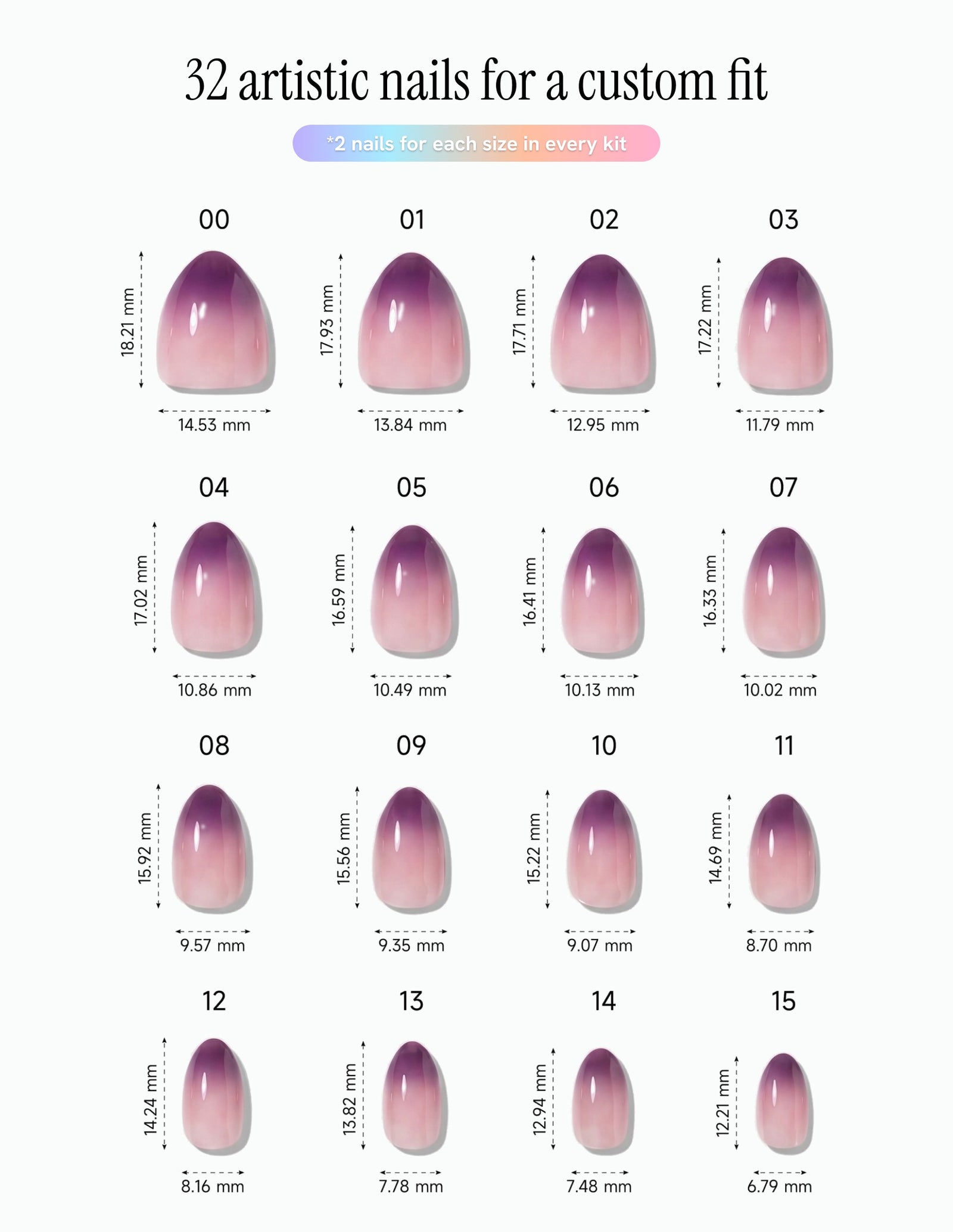 Plum Fade — Almond size chart, 16 sizes with millimetre measurements