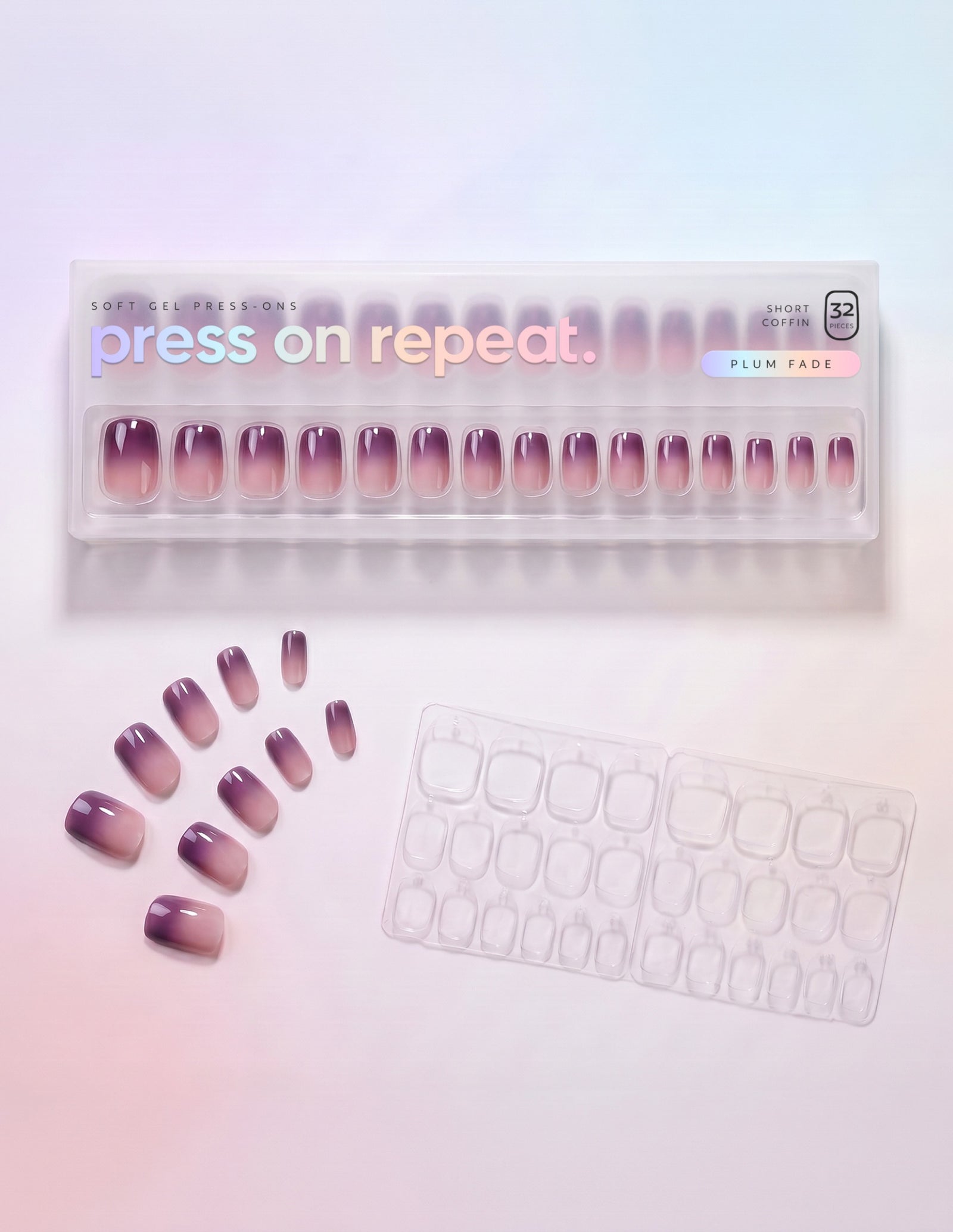 Plum Fade press-on nails — Coffin (short) retail box with loose nails and adhesive tabs