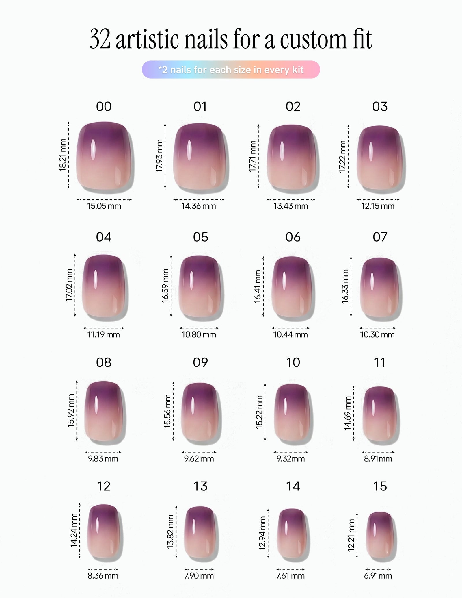 Plum Fade — Coffin size chart, 16 sizes with millimetre measurements