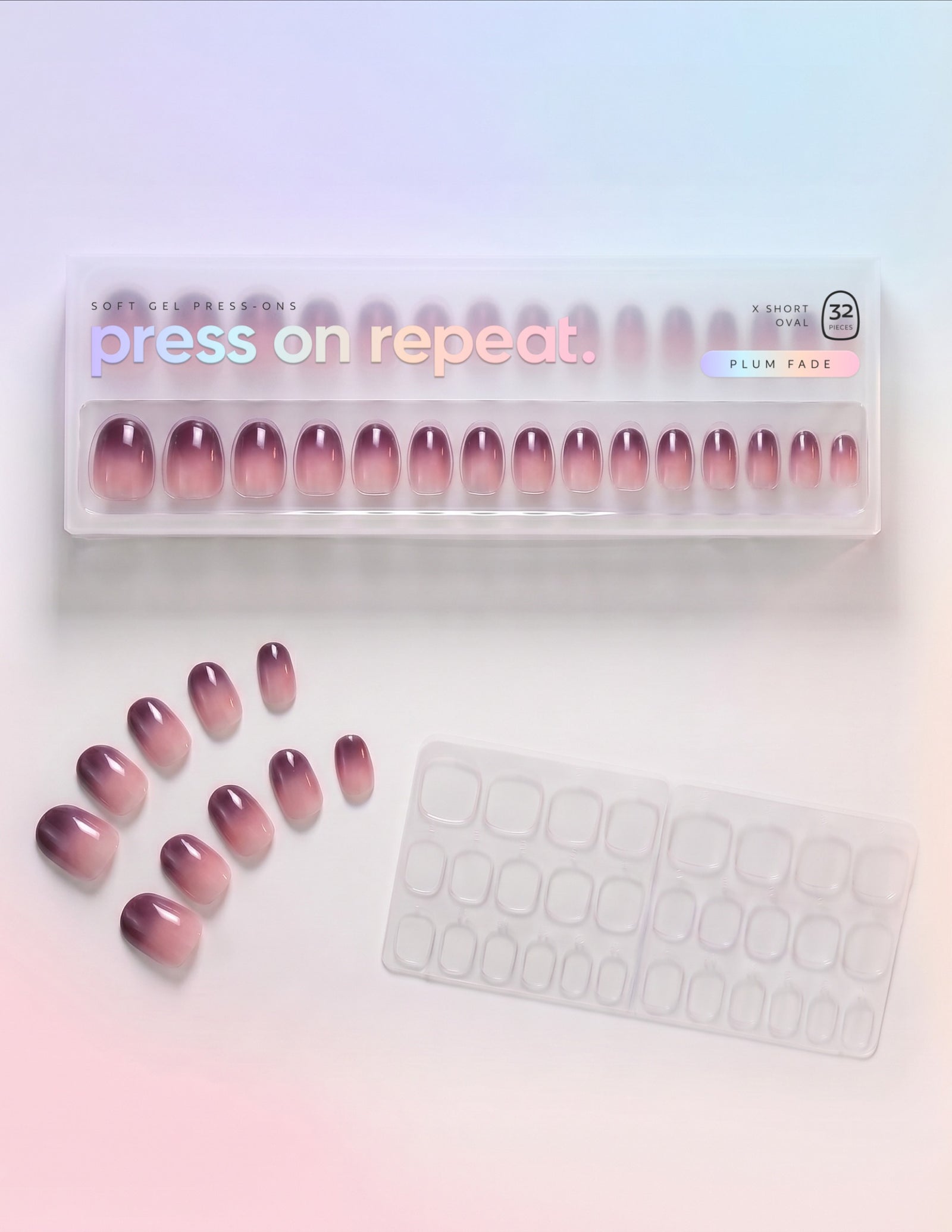 Plum Fade press-on nails — Oval (extra-short) retail box with loose nails and adhesive tabs