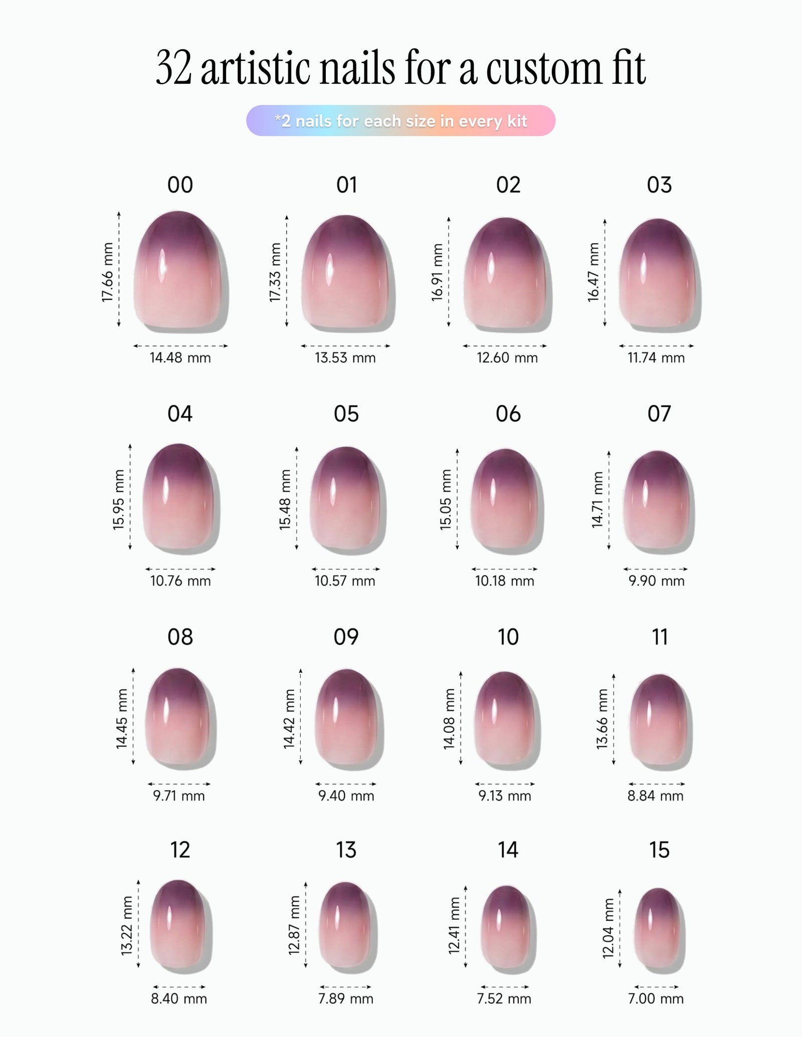 Plum Fade — Oval size chart, 16 sizes with millimetre measurements