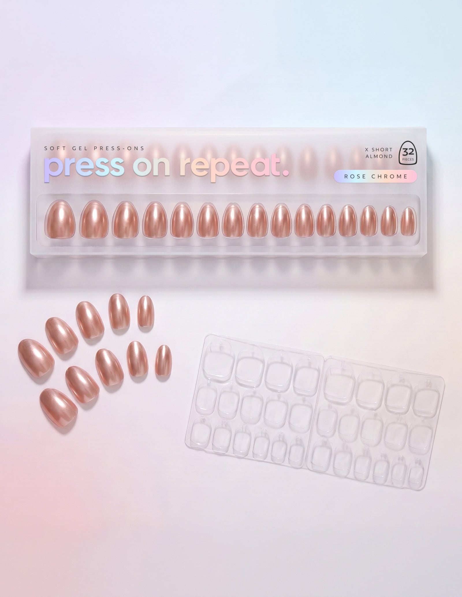 Rose Chrome press-on nails — Almond (extra-short) retail box with loose nails and adhesive tabs