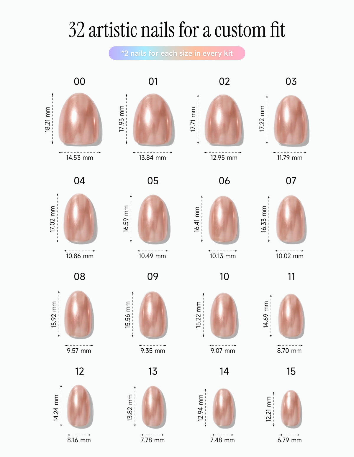 Rose Chrome — Almond size chart, 16 sizes with millimetre measurements