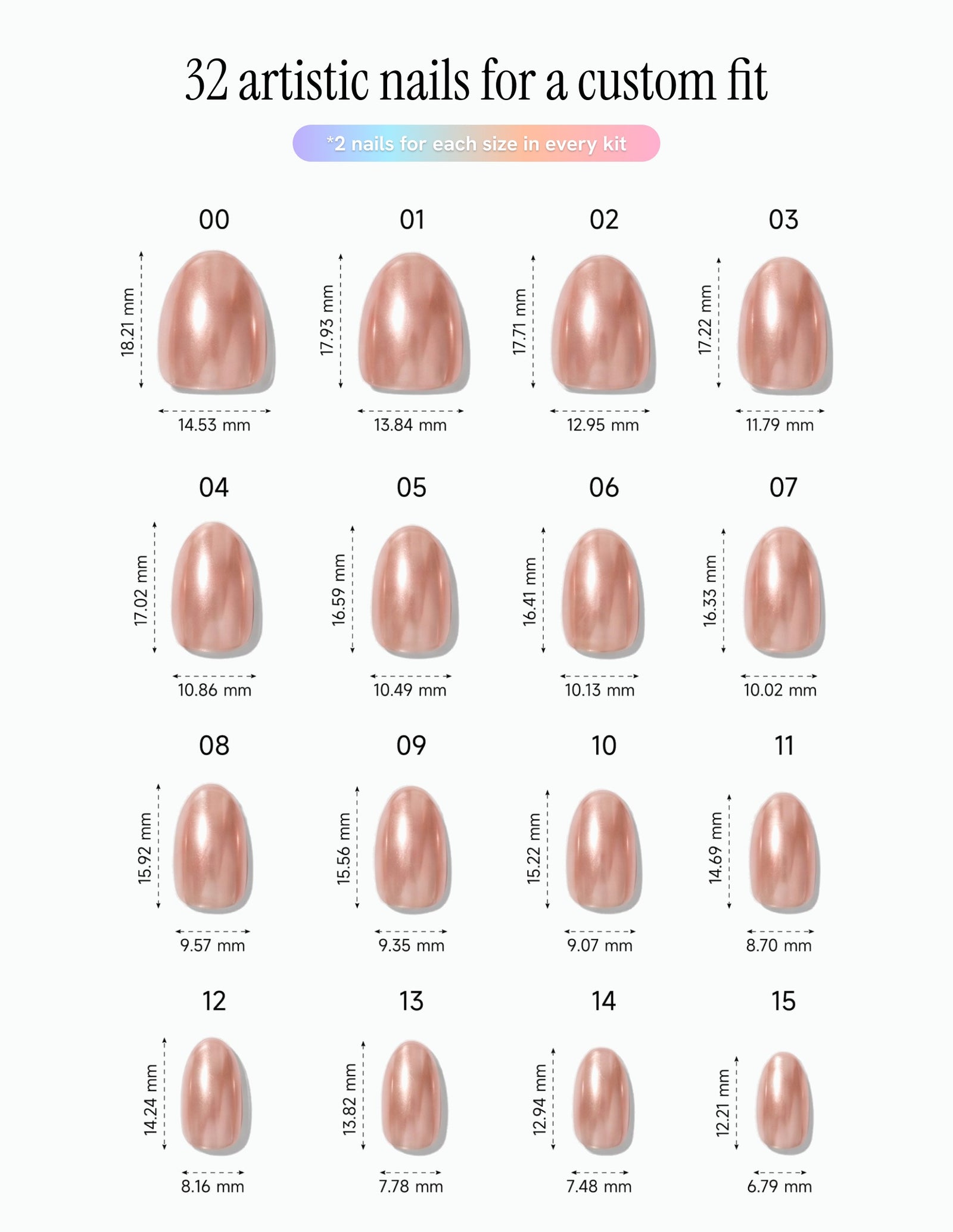 Rose Chrome — Almond size chart, 16 sizes with millimetre measurements