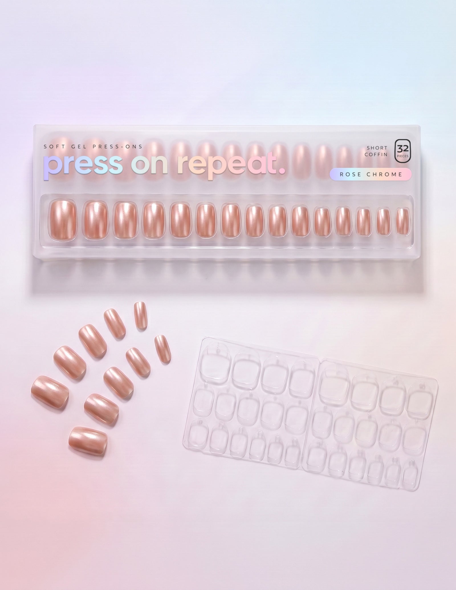 Rose Chrome press-on nails — Coffin (short) retail box with loose nails and adhesive tabs