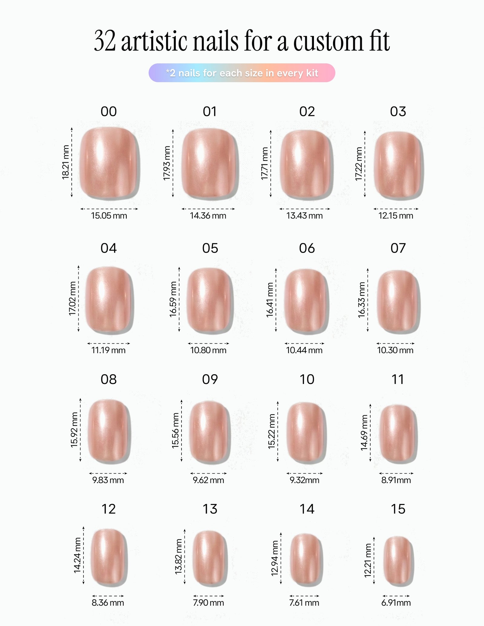 Rose Chrome — Coffin size chart, 16 sizes with millimetre measurements