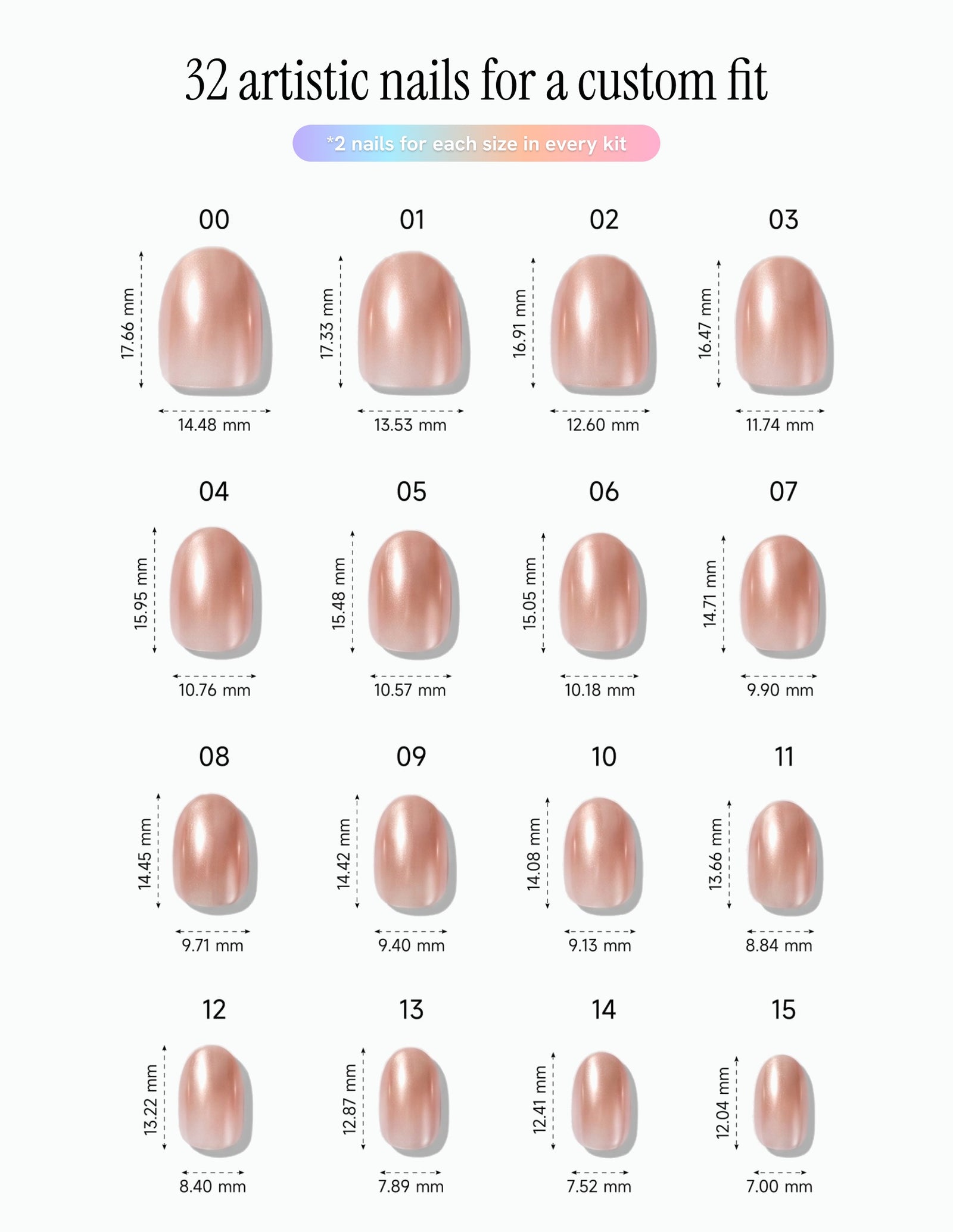 Rose Chrome — Oval size chart, 16 sizes with millimetre measurements