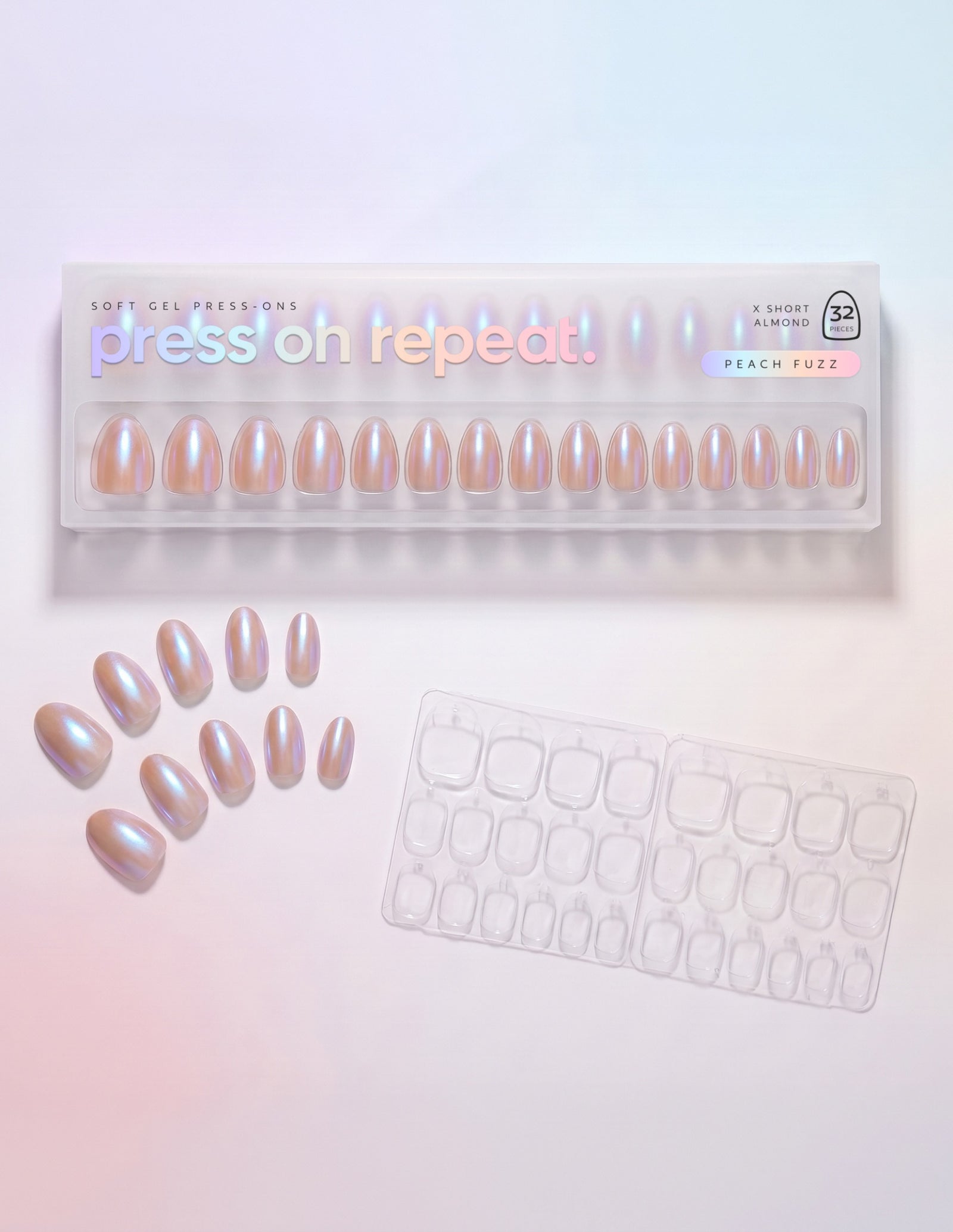 Peach Fuzz press-on nails — Almond (extra-short) retail box with loose nails and adhesive tabs