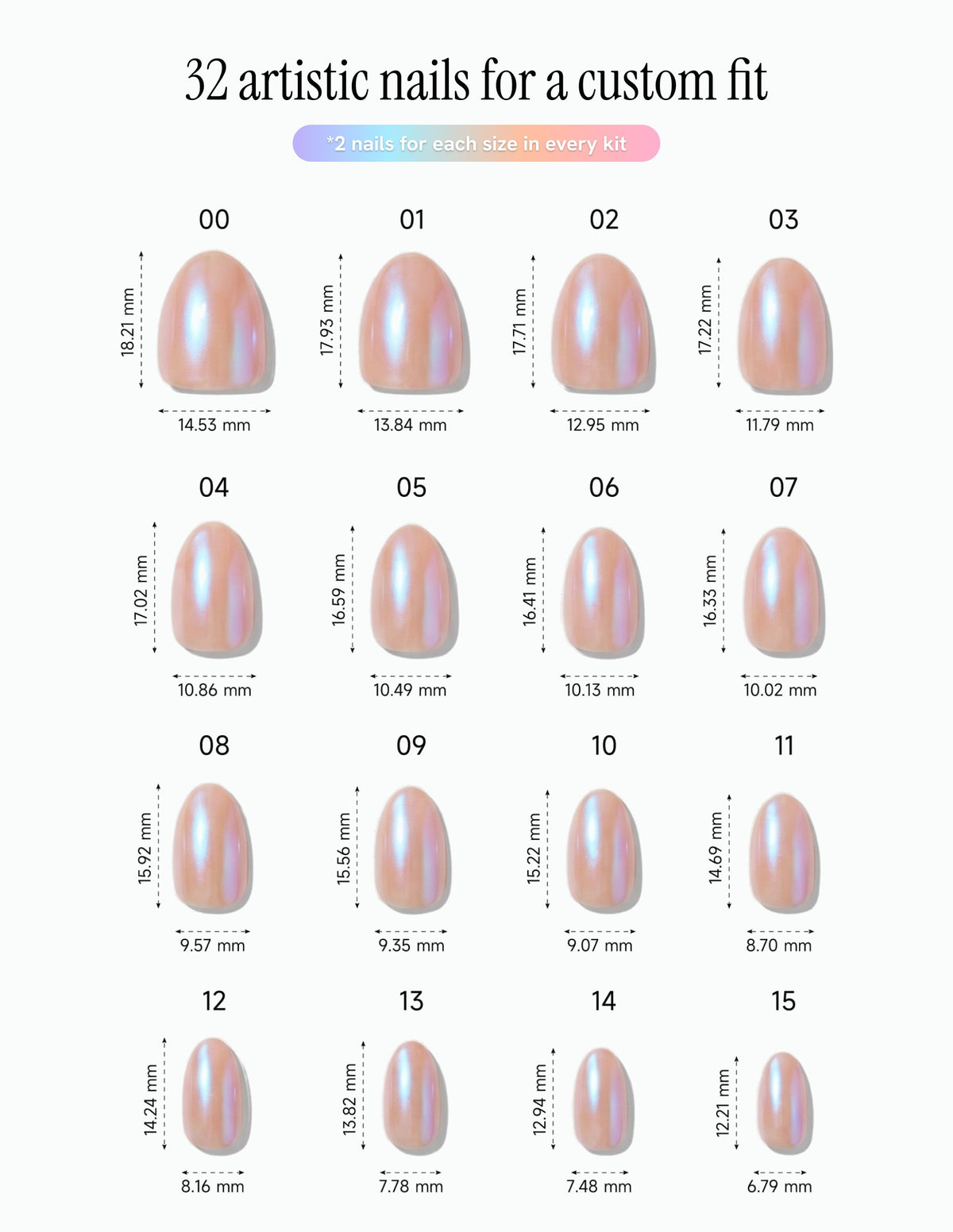 Peach Fuzz — Almond size chart, 16 sizes with millimetre measurements