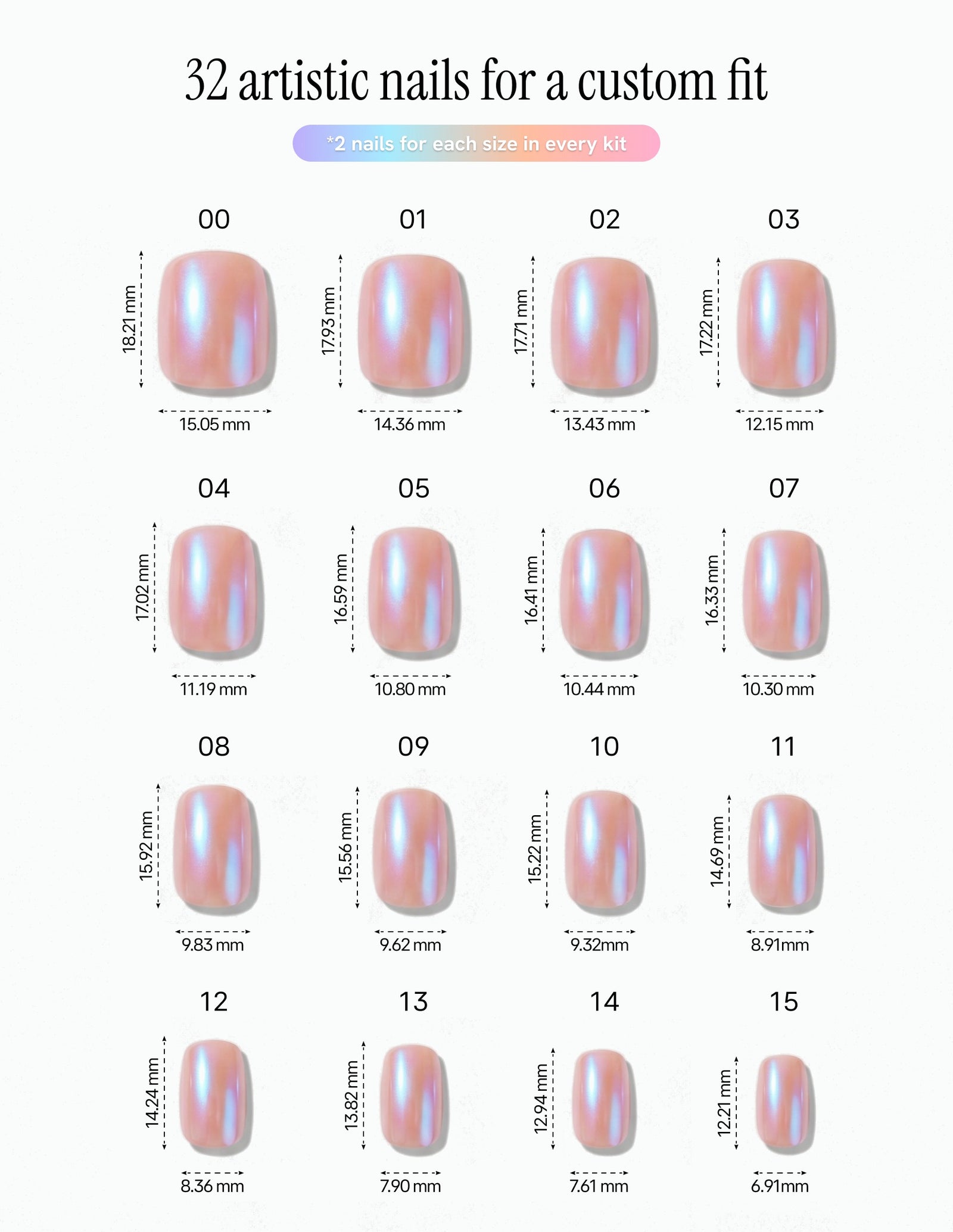 Peach Fuzz — Coffin size chart, 16 sizes with millimetre measurements