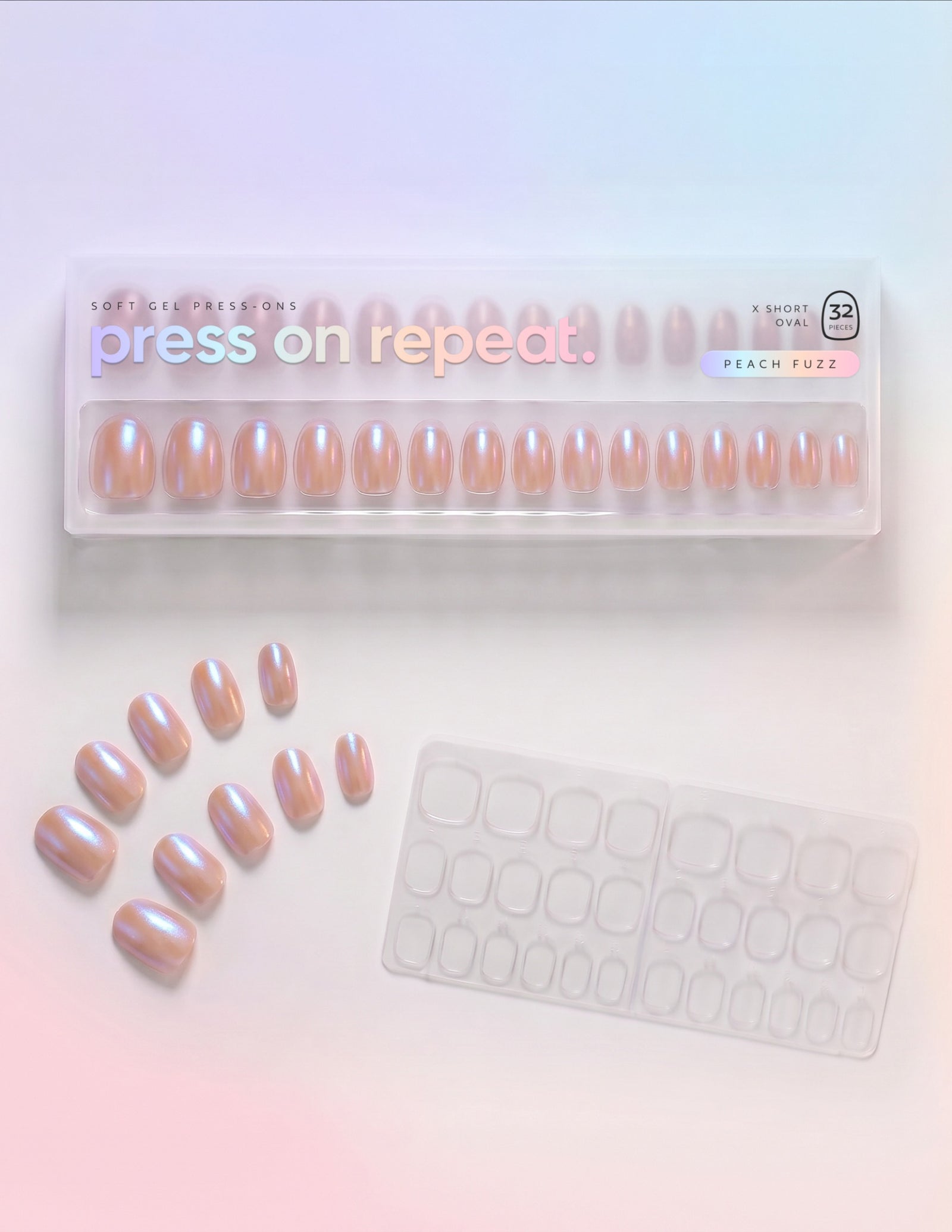 Peach Fuzz press-on nails — Oval (extra-short) retail box with loose nails and adhesive tabs