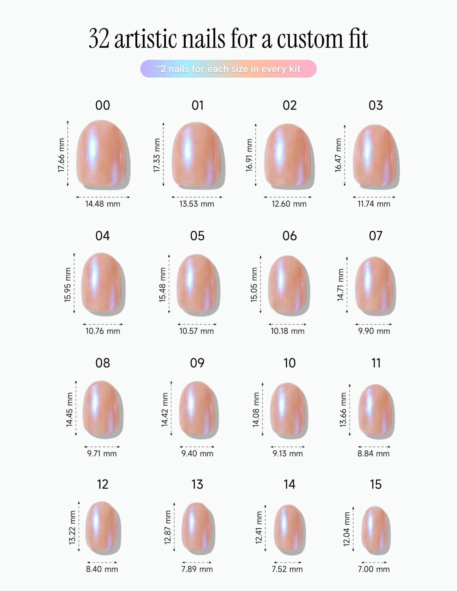 Peach Fuzz — Oval size chart, 16 sizes with millimetre measurements