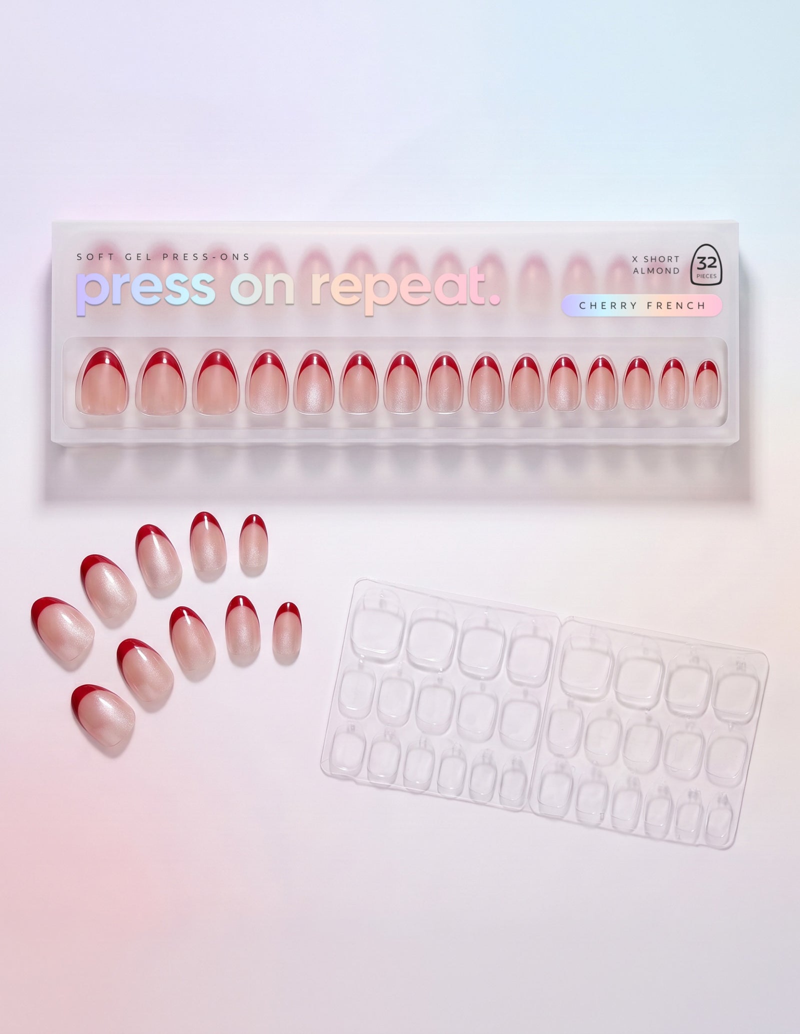 Cherry French press-on nails — Almond (extra-short) retail box with loose nails and adhesive tabs