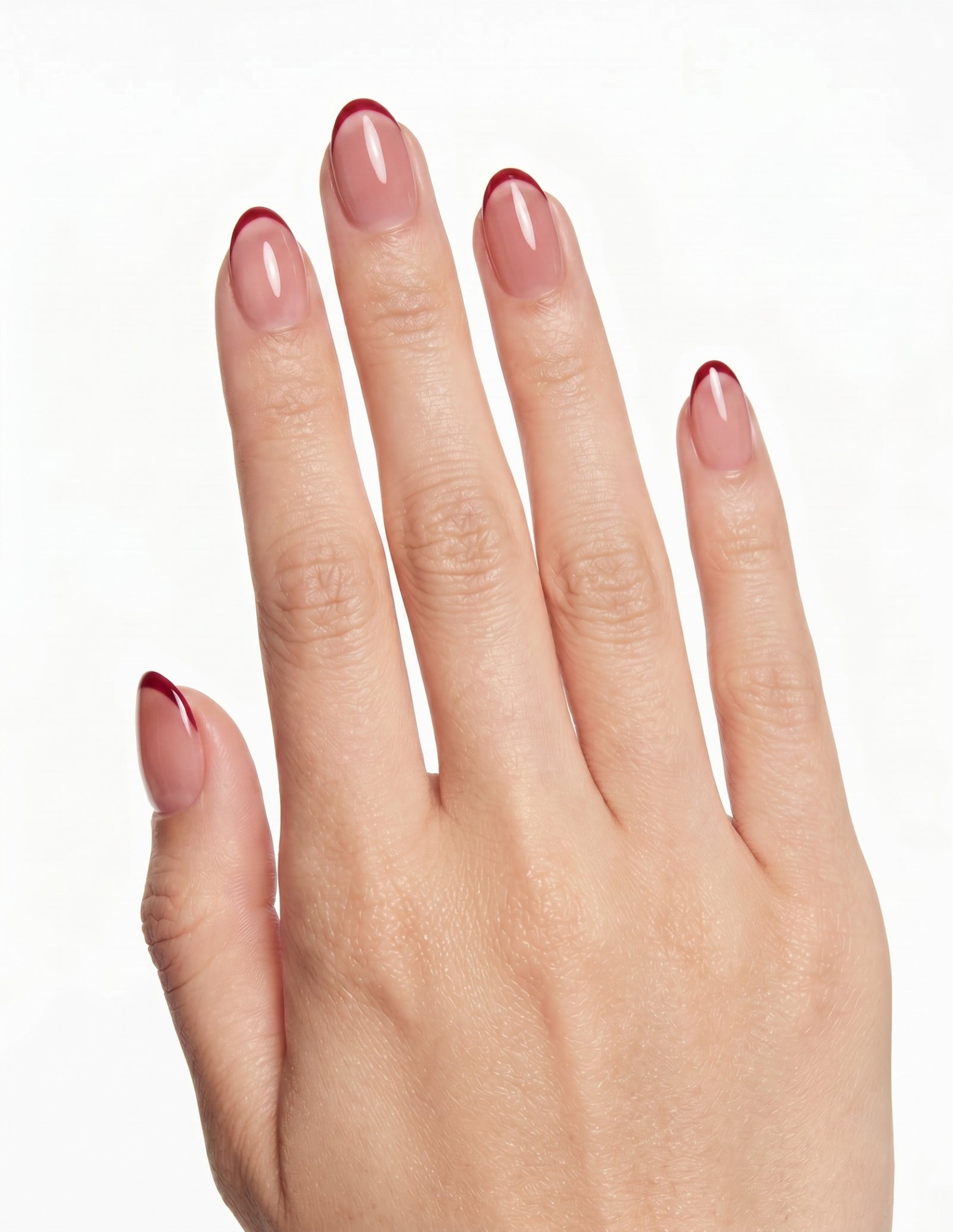 Cherry French press-on nails — Almond (extra-short), light-skin hand, back of hand