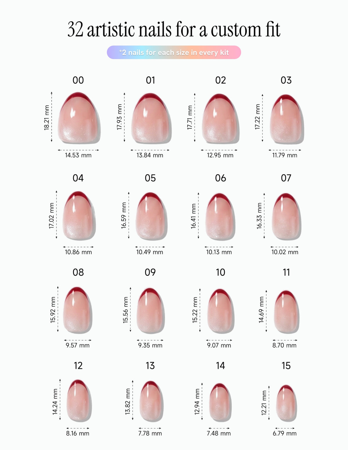 Cherry French — Almond size chart, 16 sizes with millimetre measurements