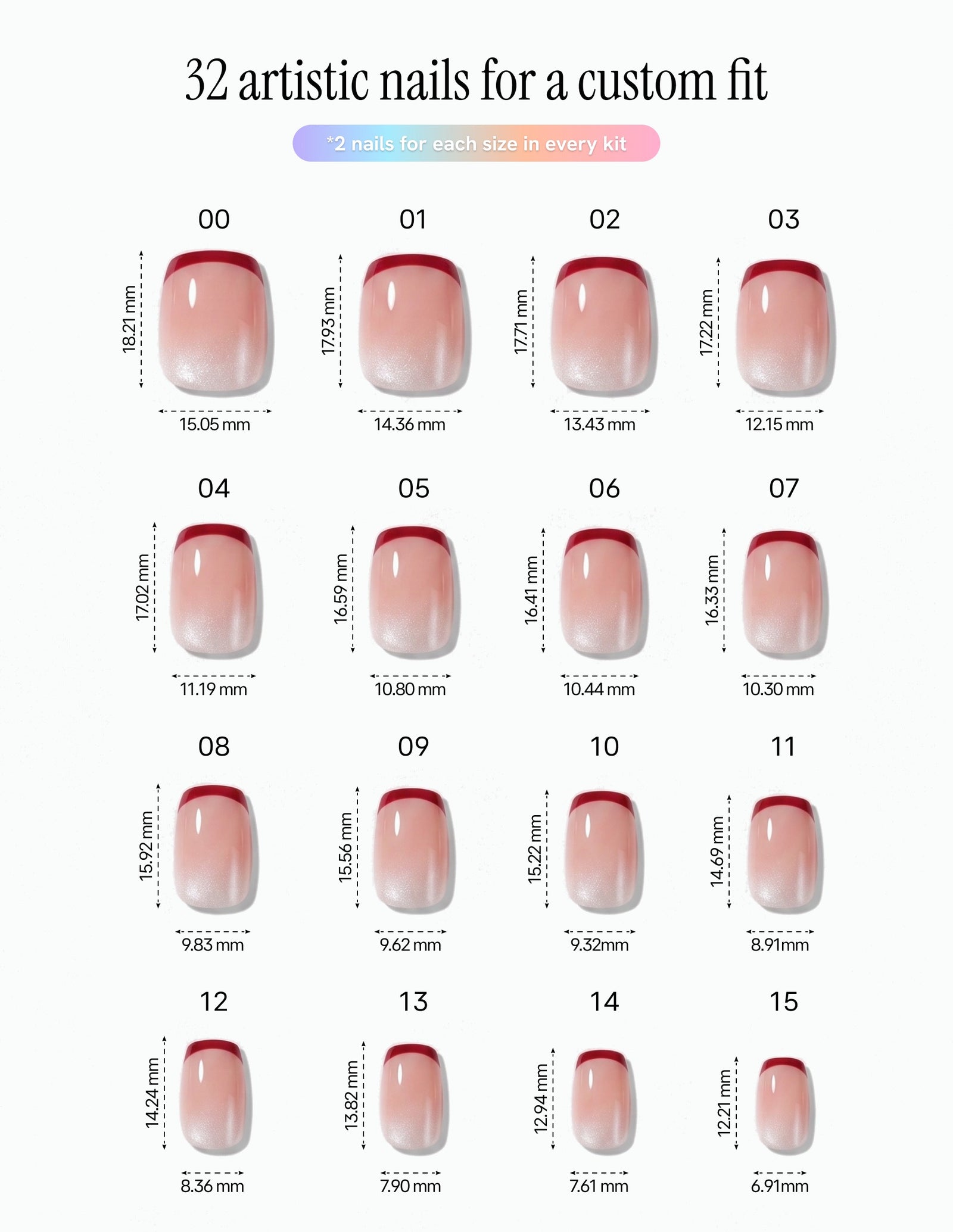 Cherry French — Coffin size chart, 16 sizes with millimetre measurements