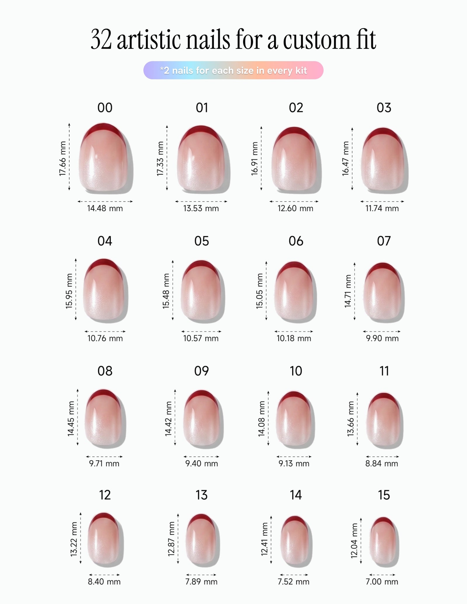 Cherry French — Oval size chart, 16 sizes with millimetre measurements