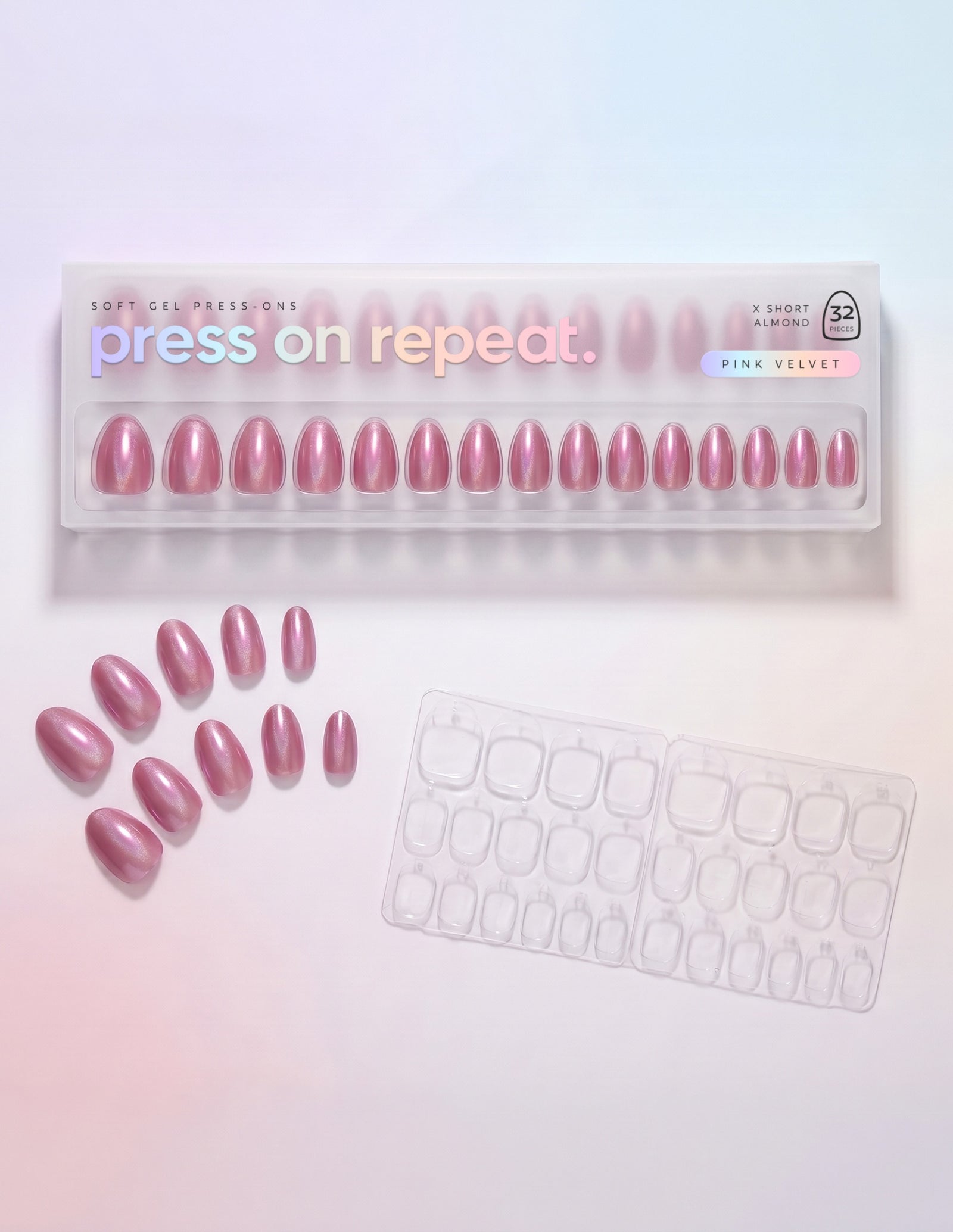 Pink Velvet press-on nails — Almond (extra-short) retail box with loose nails and adhesive tabs