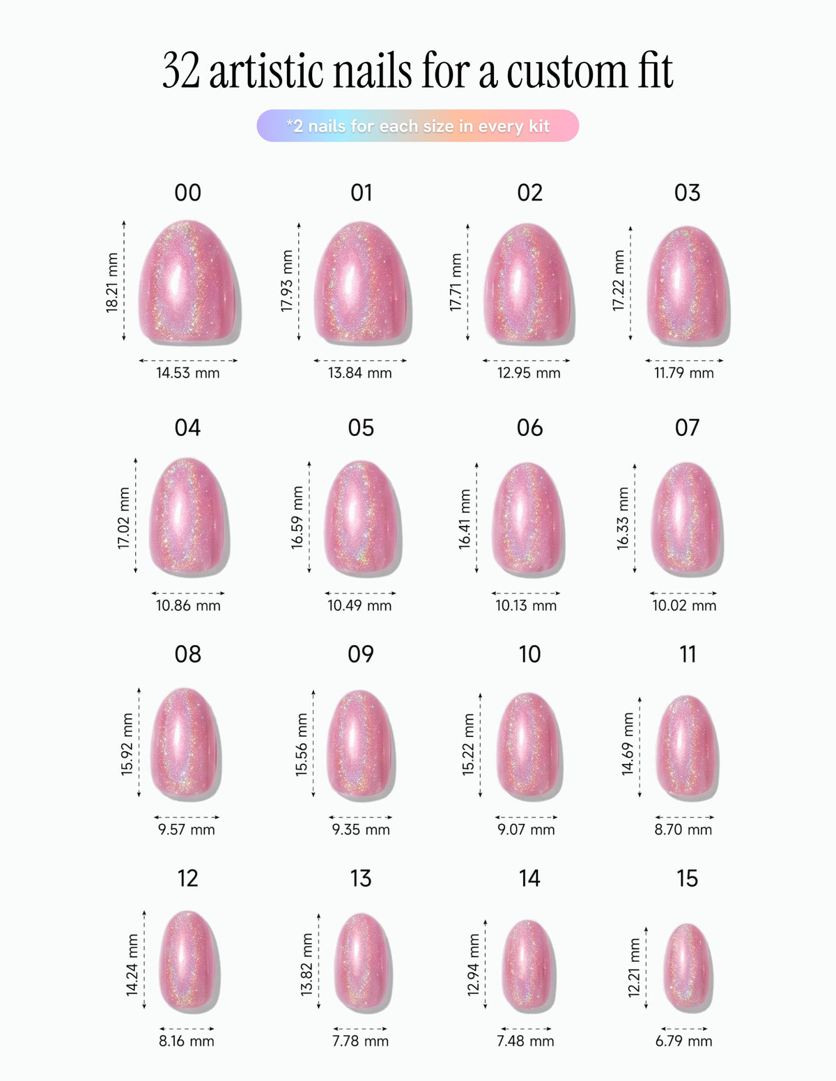 Pink Velvet — Almond size chart, 16 sizes with millimetre measurements