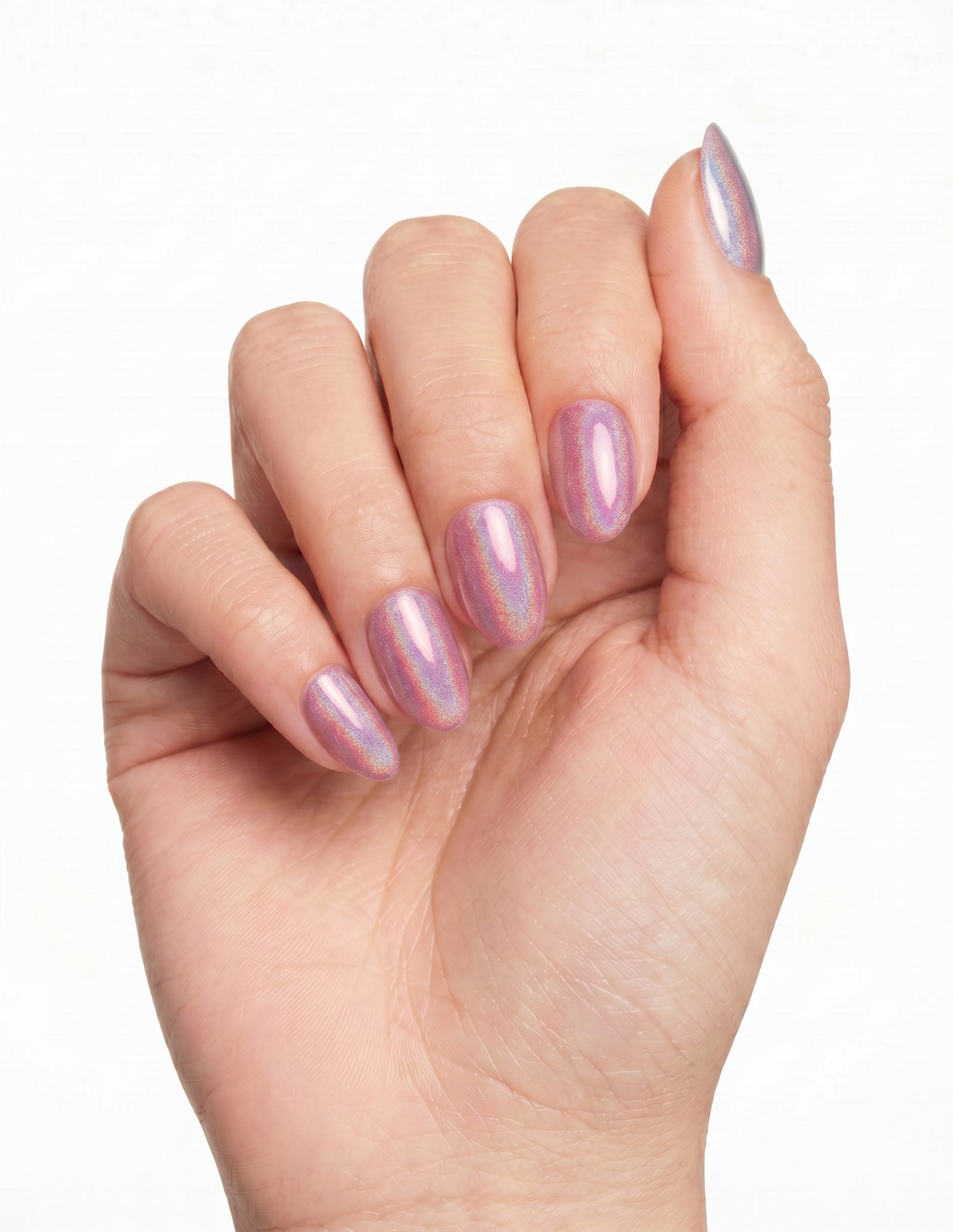 Pink Velvet press-on nails — Coffin (short), tan hand, fingers curled