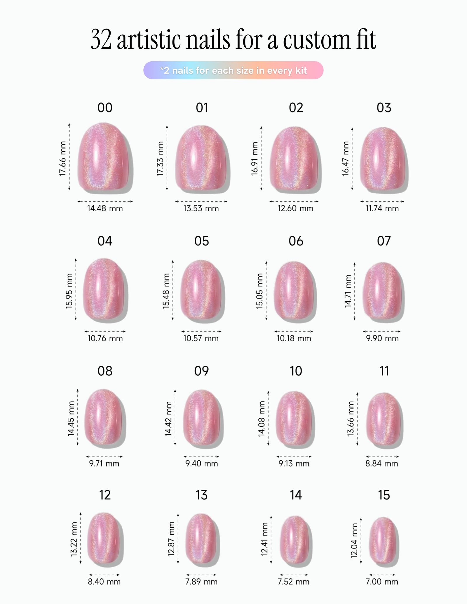 Pink Velvet — Oval size chart, 16 sizes with millimetre measurements