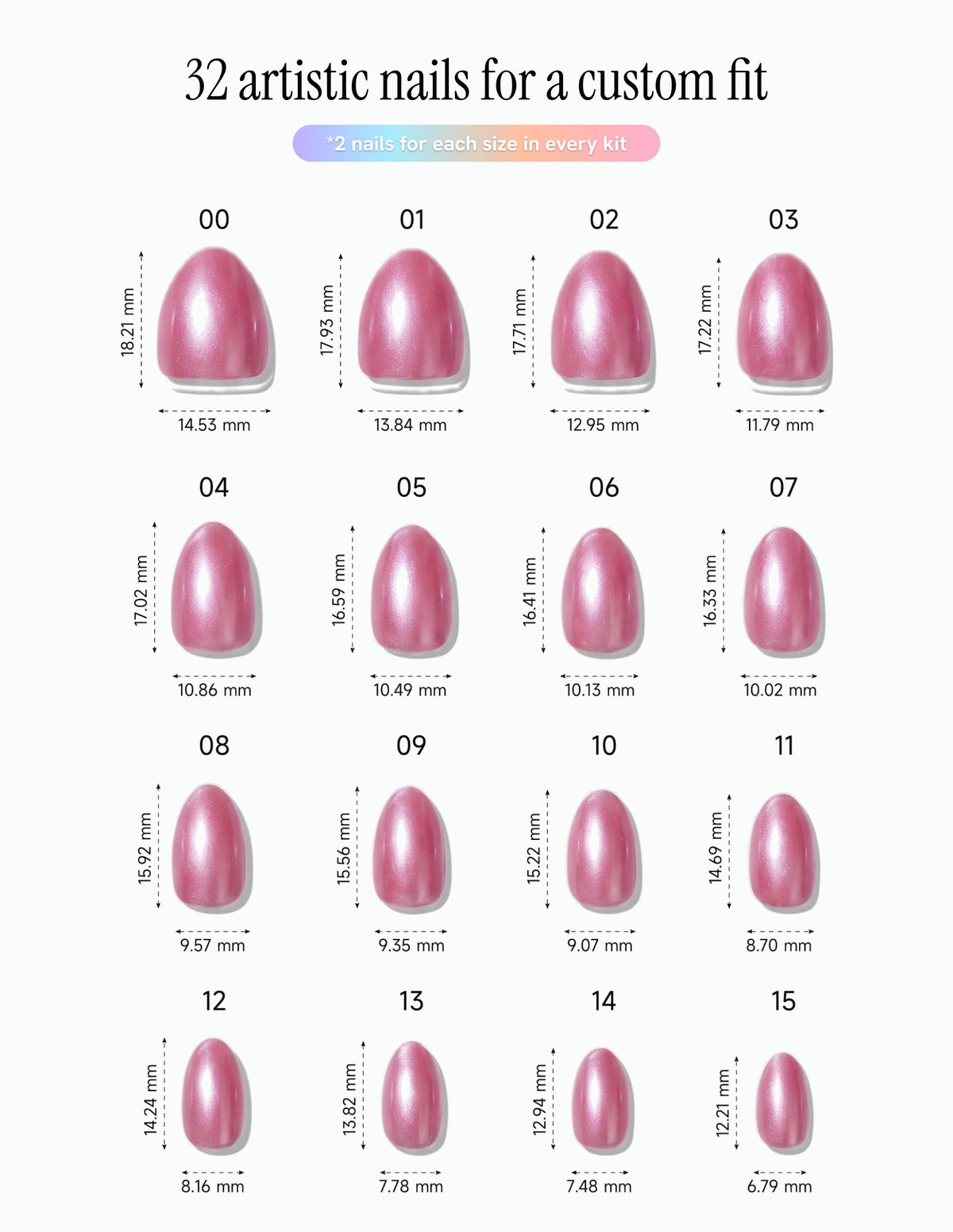 Raspberry Velvet — Almond size chart, 16 sizes with millimetre measurements