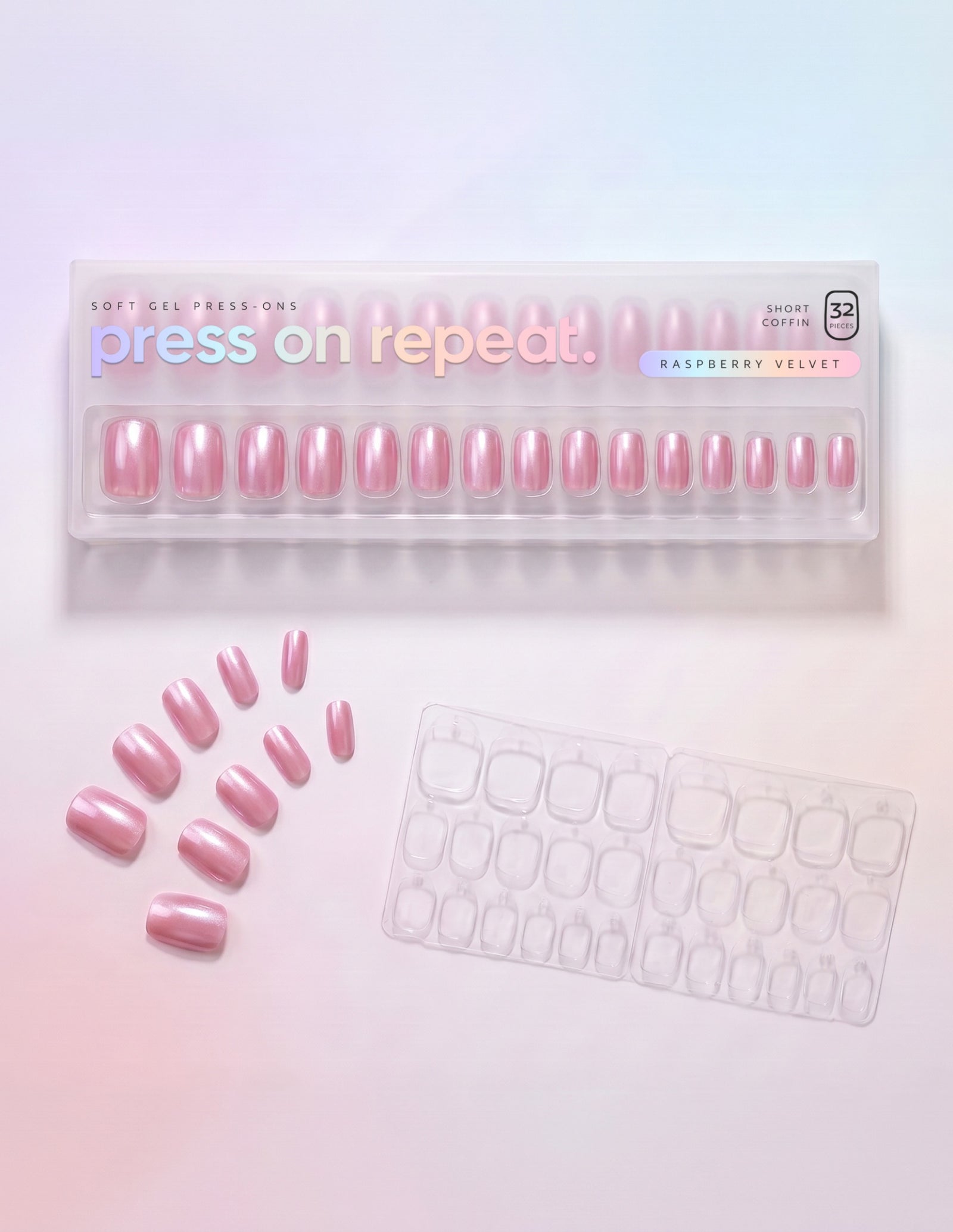Raspberry Velvet press-on nails — Coffin (short) retail box with loose nails and adhesive tabs